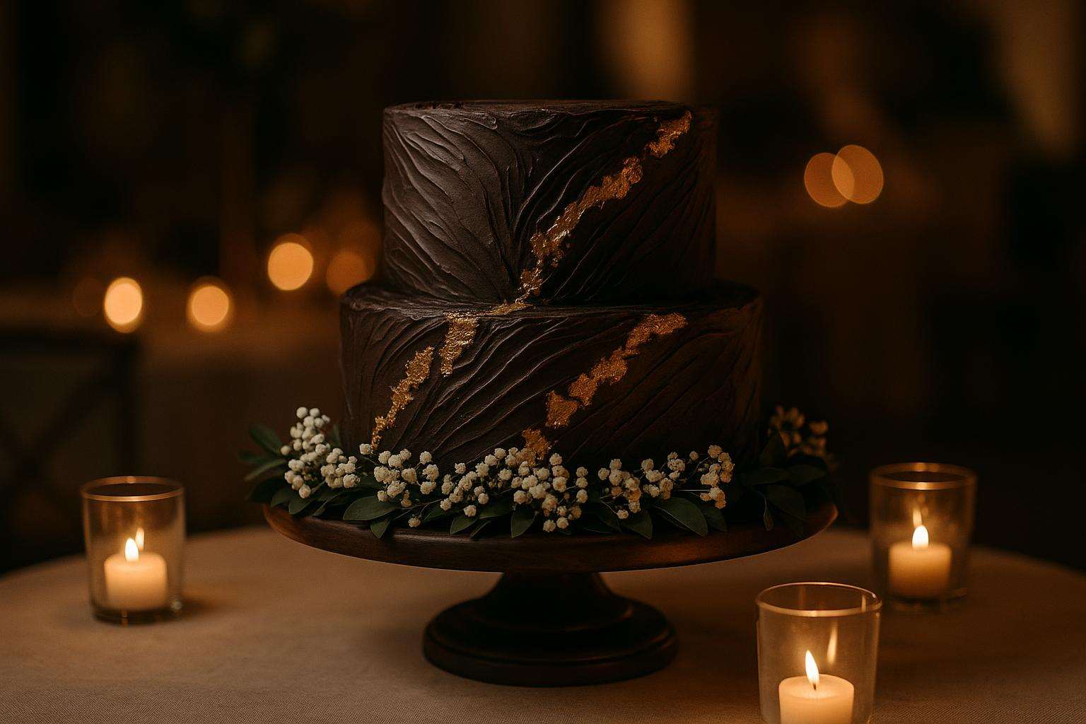 A rich chocolate groom's cake with sculpted fondant details displayed on a wooden cake stand at a warmly lit reception, soft candlelight in background, no faces visible