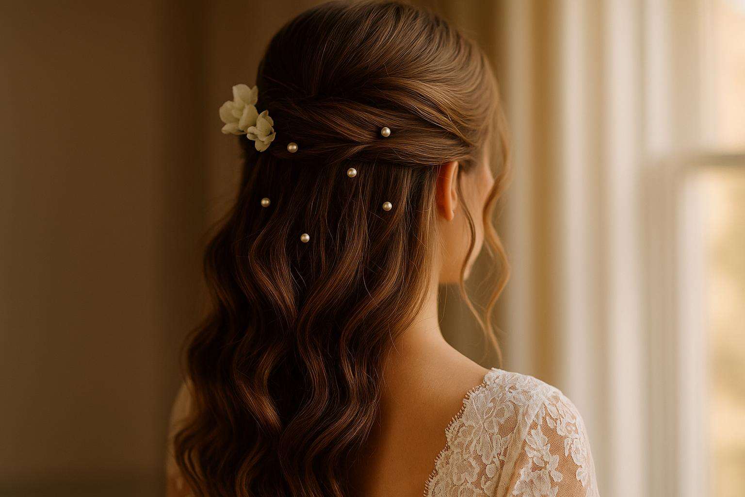 Close-up of a bridal half-up hairstyle with soft waves, delicate pearl pins, and loose face-framing tendrils against soft natural window light