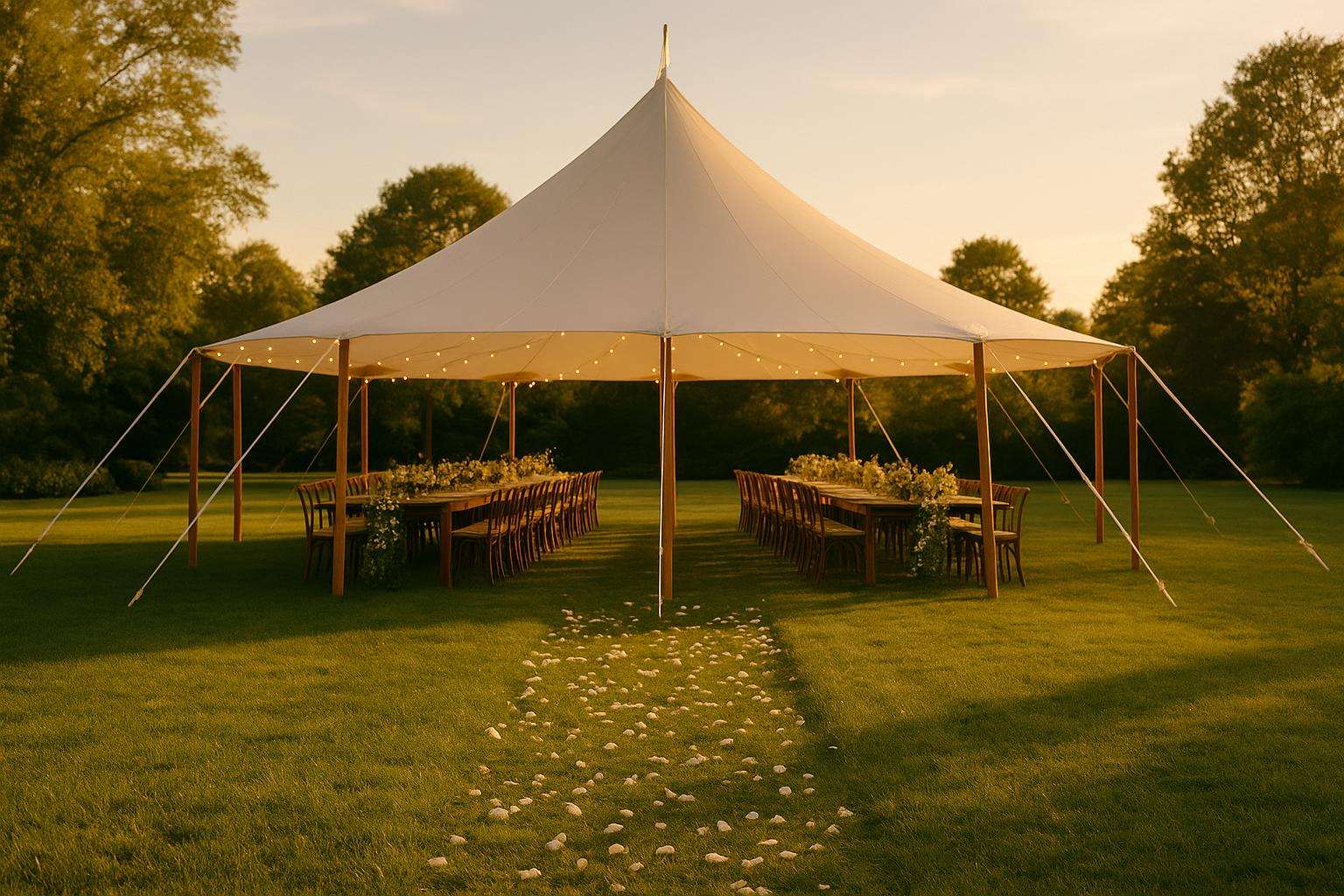 A beautifully decorated backyard wedding with a sailcloth tent, string lights, and floral arrangements, viewed from across a manicured lawn at golden hour