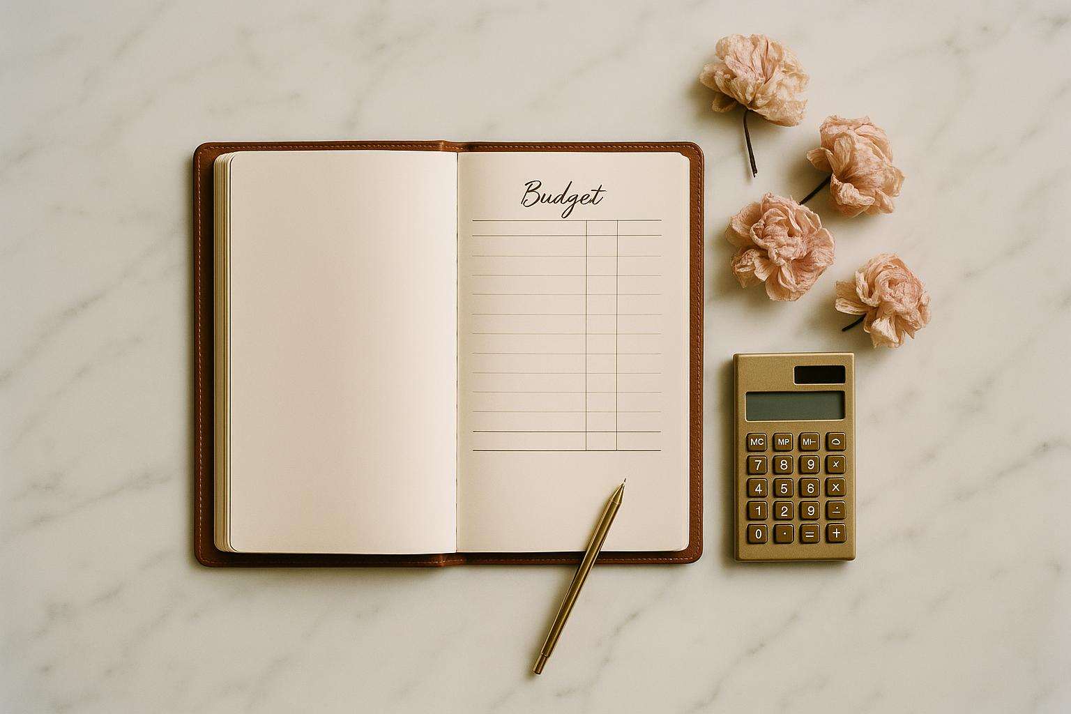 A neatly organized wedding planning notebook open to a budget spreadsheet page, surrounded by a small calculator, a gold pen, and pressed floral sprigs on a marble surface