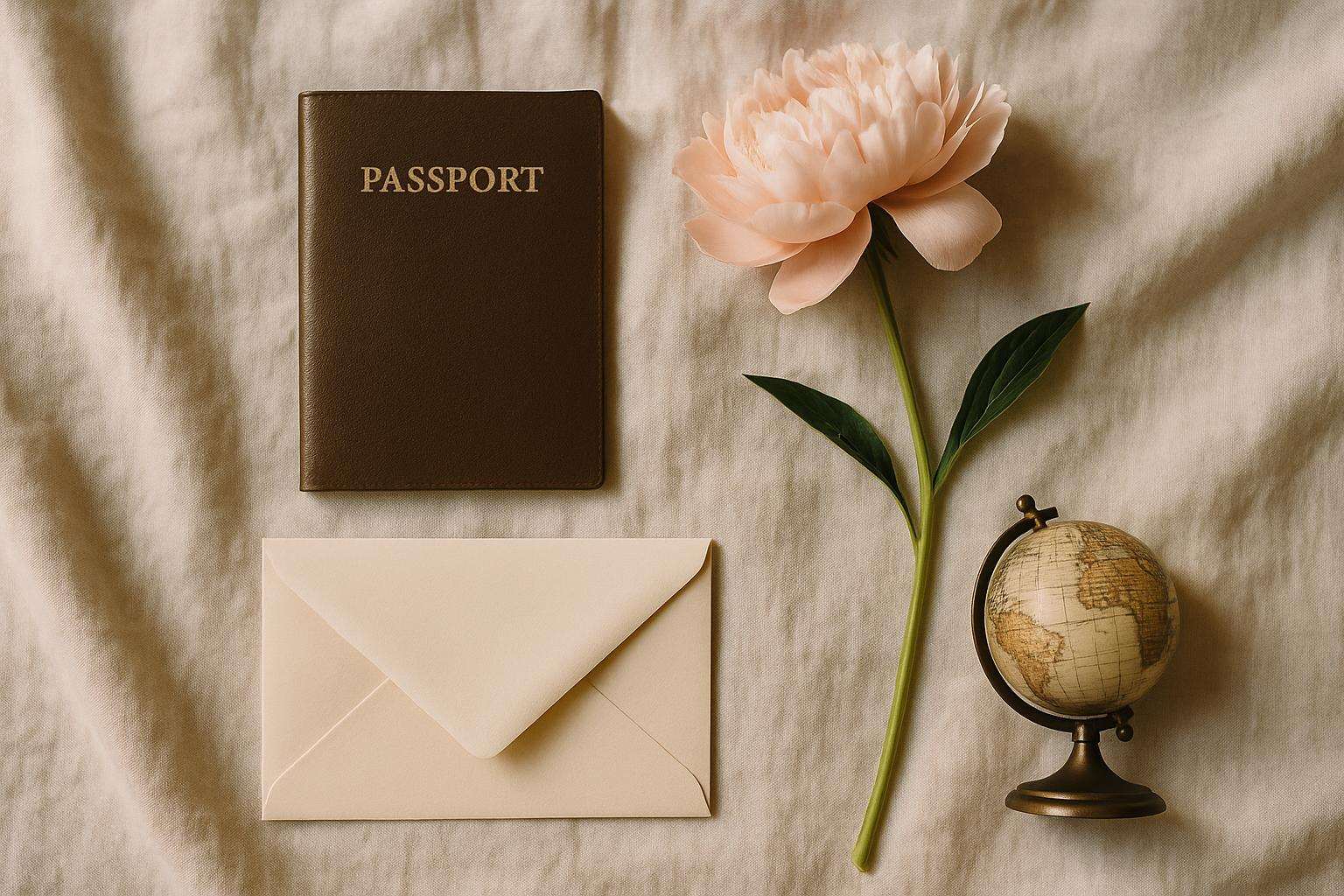 A romantic travel flat-lay with a passport, a blush peony, a handwritten note, and a small world map on linen