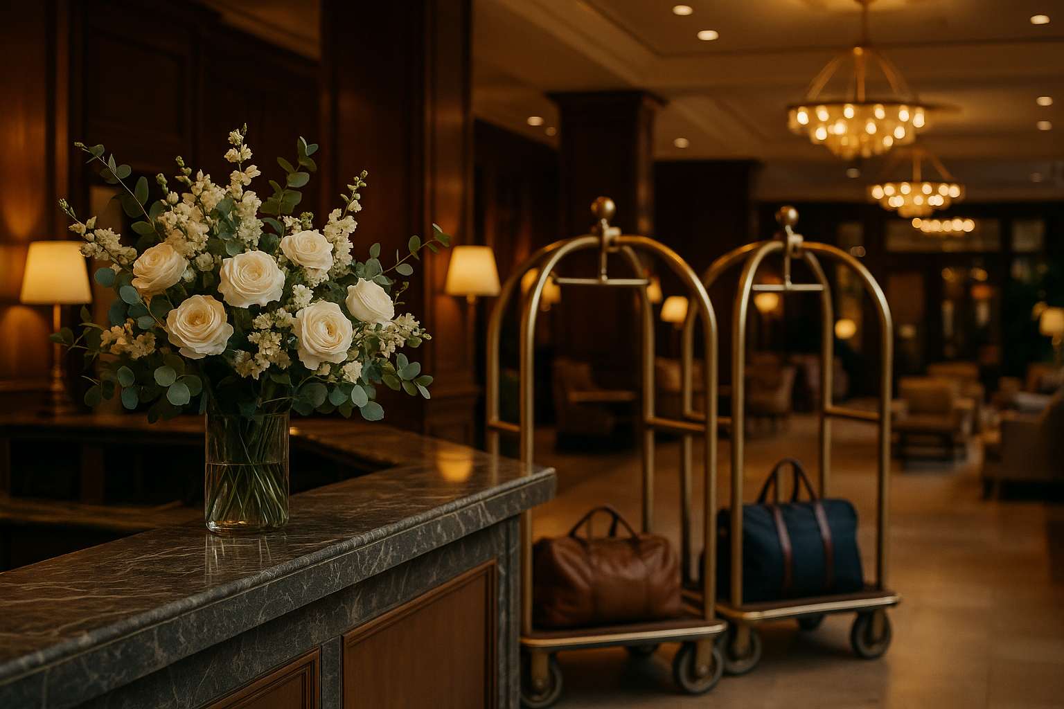 A hotel lobby with warm lighting, a white floral arrangement on a marble reception desk, and softly blurred guests checking in