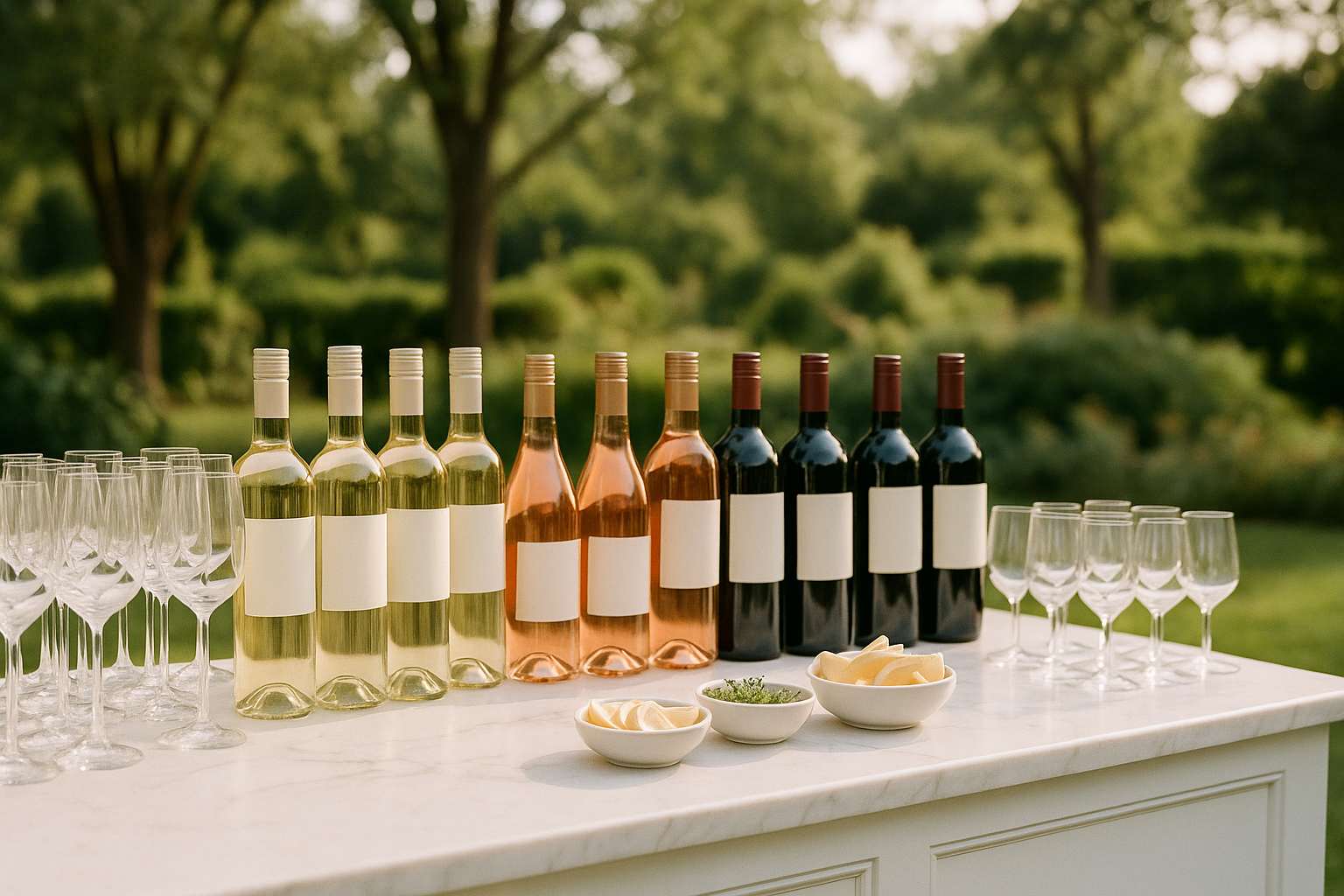 An elegantly styled outdoor wedding bar with bottles of wine and sparkling water arranged on a white marble surface with floral garnishes and crystal glassware catching the afternoon light