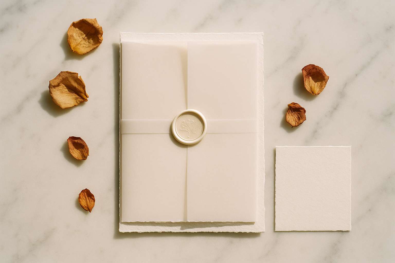 A beautifully assembled wedding invitation suite laid flat on a marble surface with a wax seal, vellum overlay, and dried florals in soft natural light