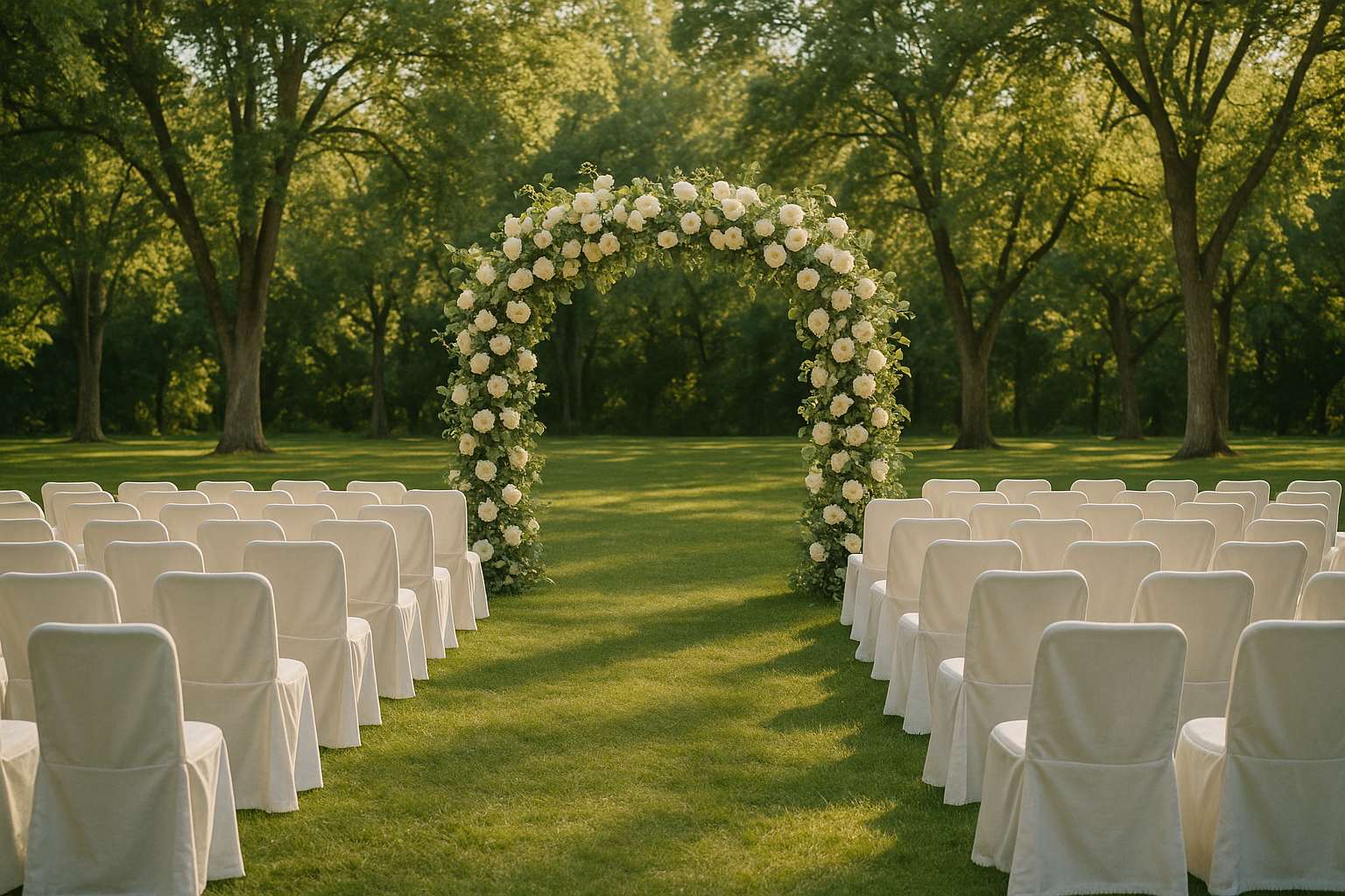 A beautifully appointed outdoor ceremony altar with white floral arch, linen chairs, and soft dappled light through trees