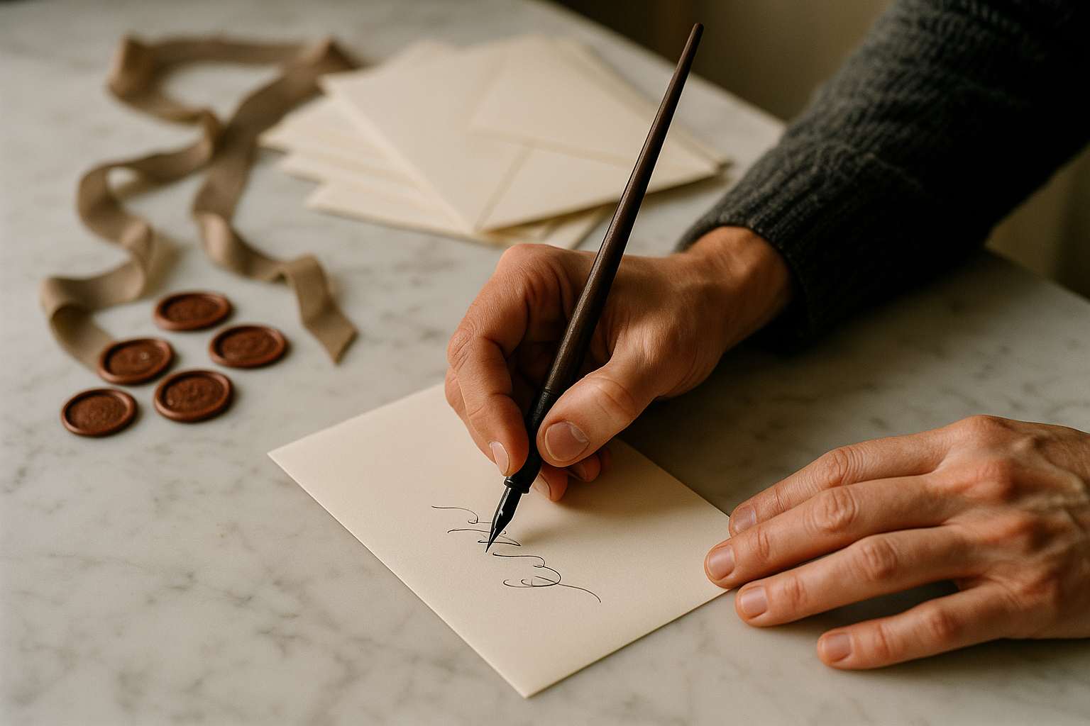 Calligrapher's hand addressing a cream wedding invitation envelope in black ink on a white marble surface with wax seals and ribbon nearby