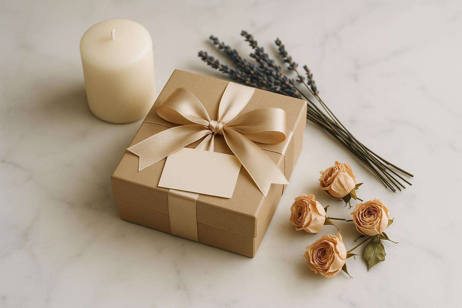A styled bridesmaid proposal flat lay featuring a linen gift box with a personalized card, a satin ribbon, a small candle, and a dried flower arrangement on a marble surface