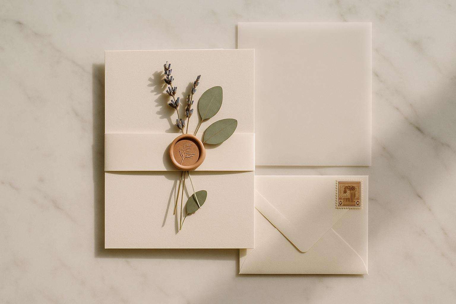 A flat lay of an elegant wedding invitation suite with a wax seal, vellum overlay, and fresh floral sprig on a marble surface in soft natural light