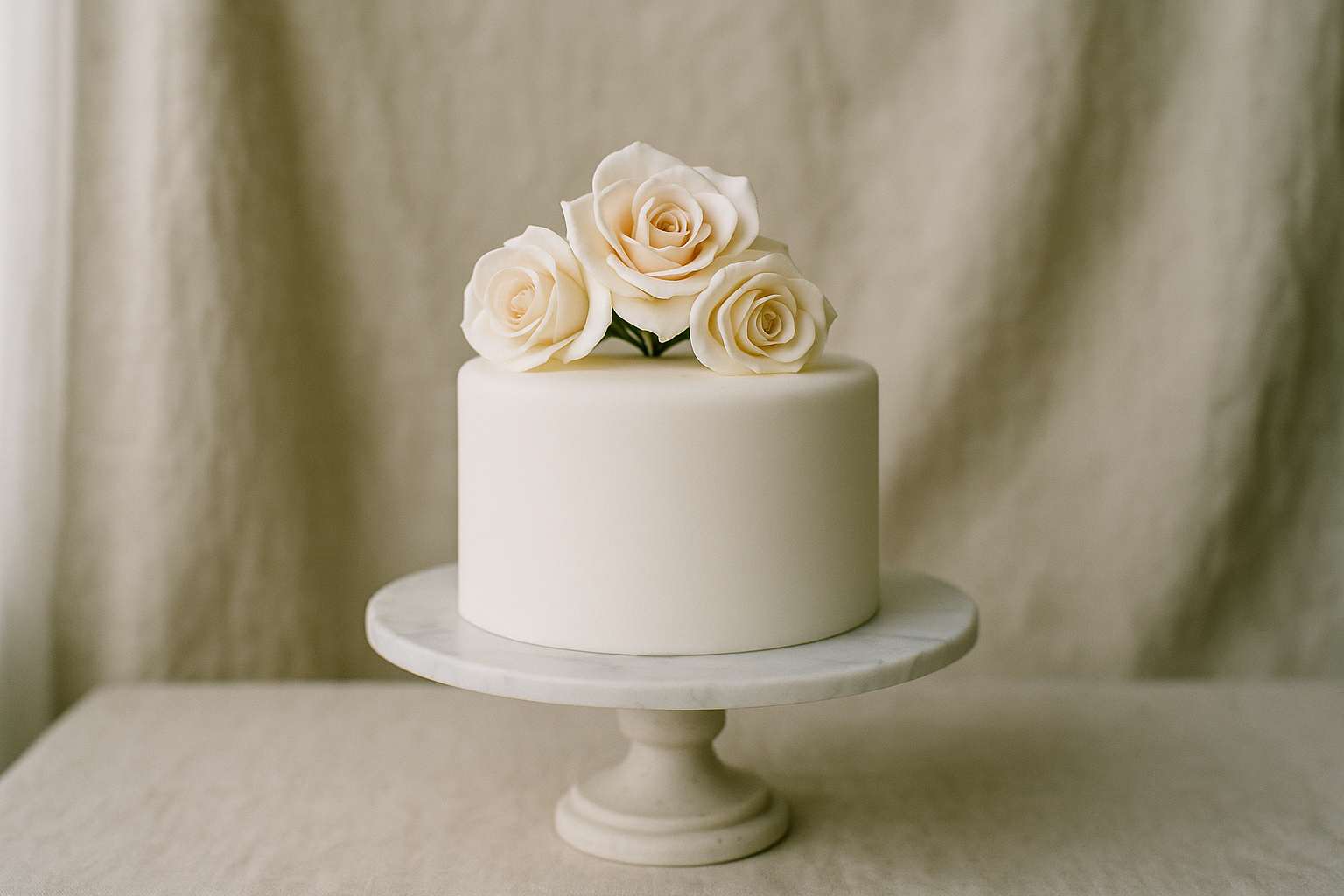 A beautifully decorated white two-tier wedding cake with sugar roses and ivory ribbon sits on a marble cake stand in soft natural light