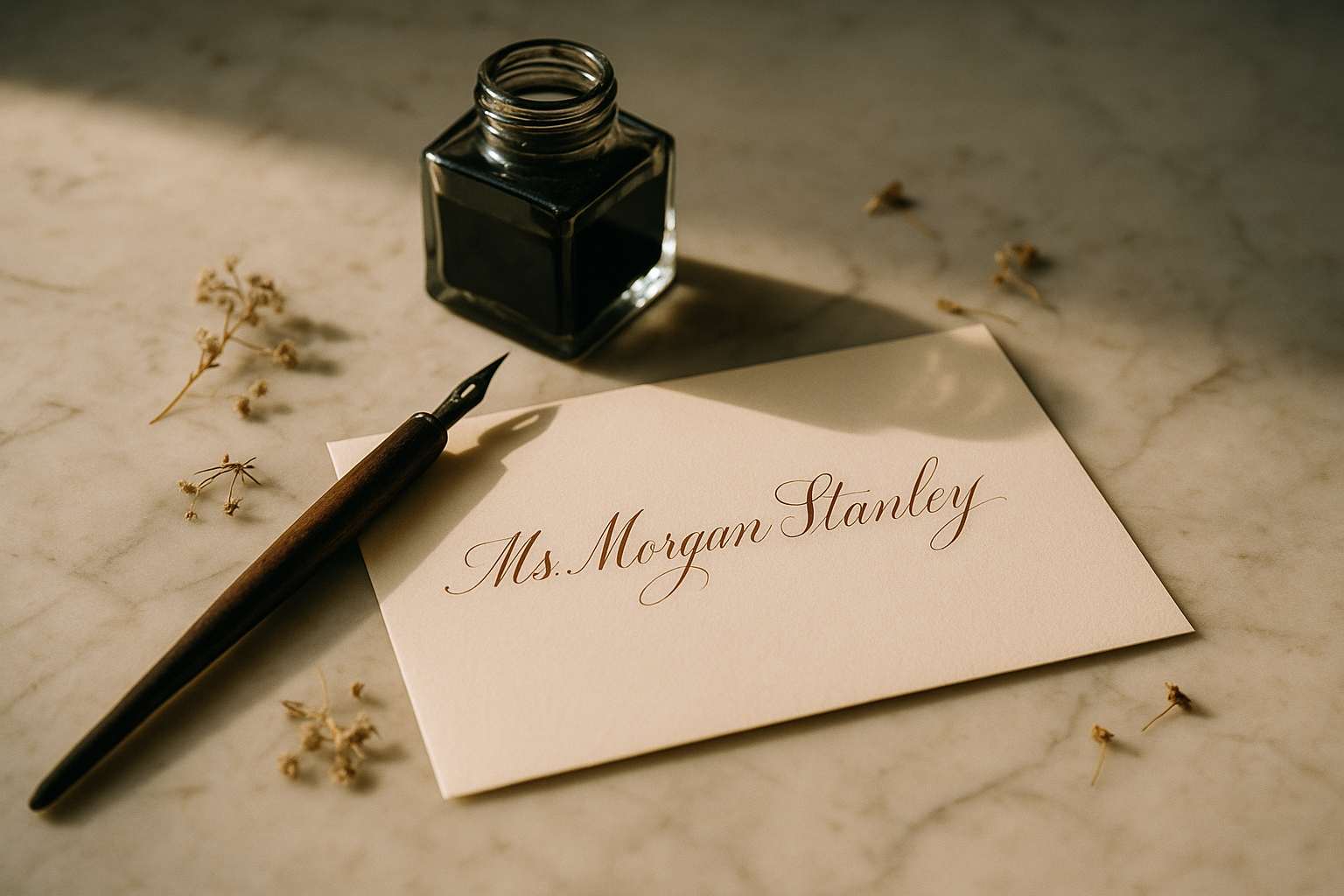 A calligrapher's hand holding a dip pen over an ivory envelope addressed in elegant copperplate script, with ink wells and pressed flowers arranged on a marble surface