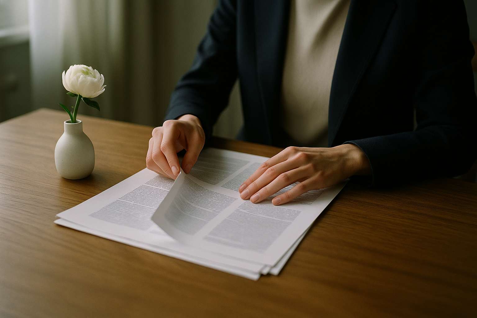 A bride's hands reviewing a vendor contract on a wooden table, with a small floral arrangement and a pen nearby, in warm natural light