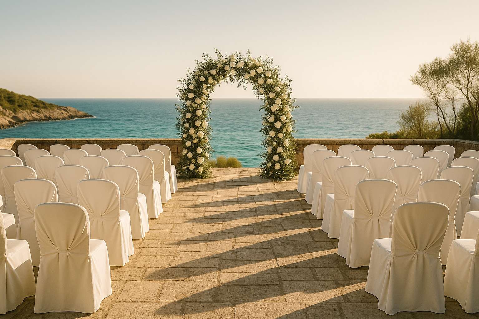 An outdoor wedding ceremony setup on a Mediterranean cliffside with white draped chairs, flower arrangements in ivory and blush, and turquoise sea in the background