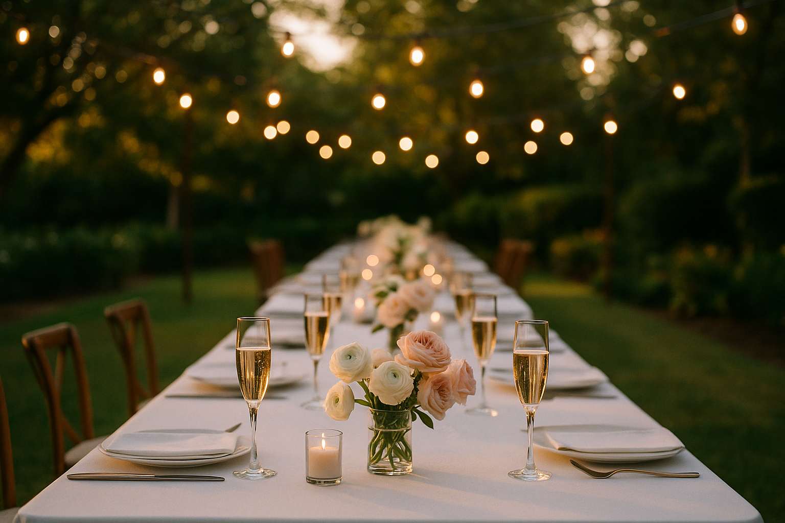 An elegant backyard garden celebration setup with a long table dressed in white linen, champagne glasses, small floral arrangements of white ranunculus and garden roses, and soft string lights overhead in evening light