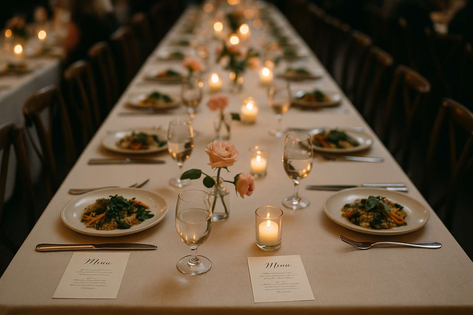 An elegant wedding reception table displaying beautifully plated plant-forward dishes alongside labeled menu cards in a warmly lit venue with soft floral arrangements