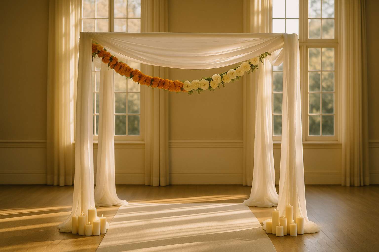 A wedding altar blending two traditions — a floral chuppah with draped white fabric and a garland of marigolds and white roses, candles lit at the base, soft natural window light in an elegant chapel space