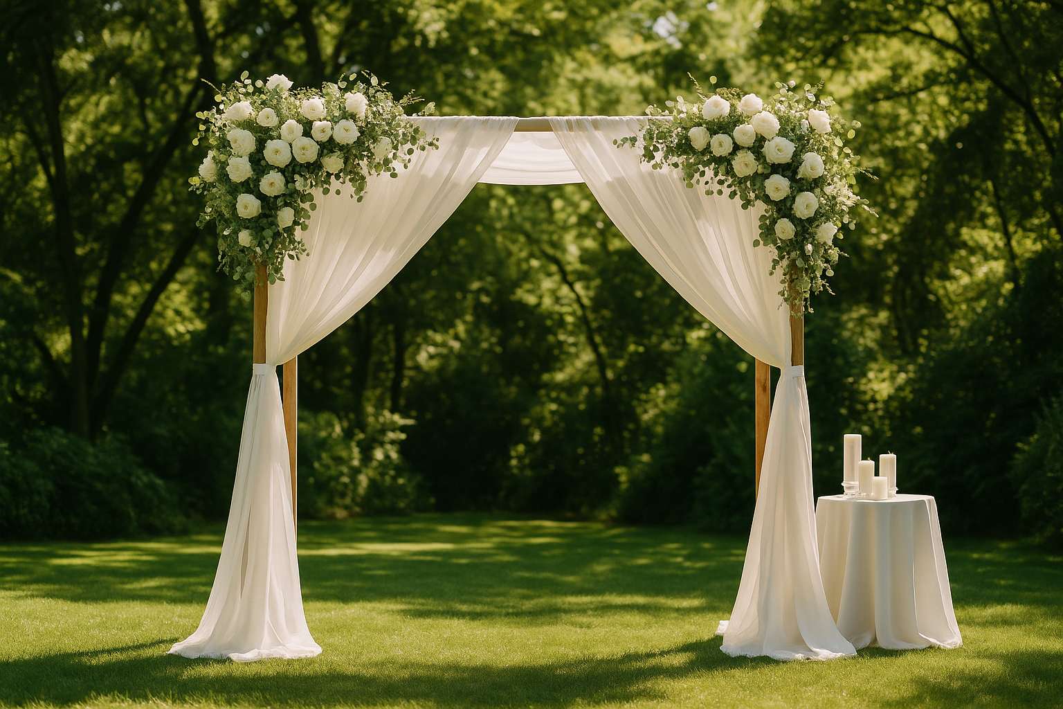 A floral chuppah canopy draped with white roses and eucalyptus in a sunlit garden, with a unity candle arrangement on a draped table beside it, soft afternoon light filtering through the greenery
