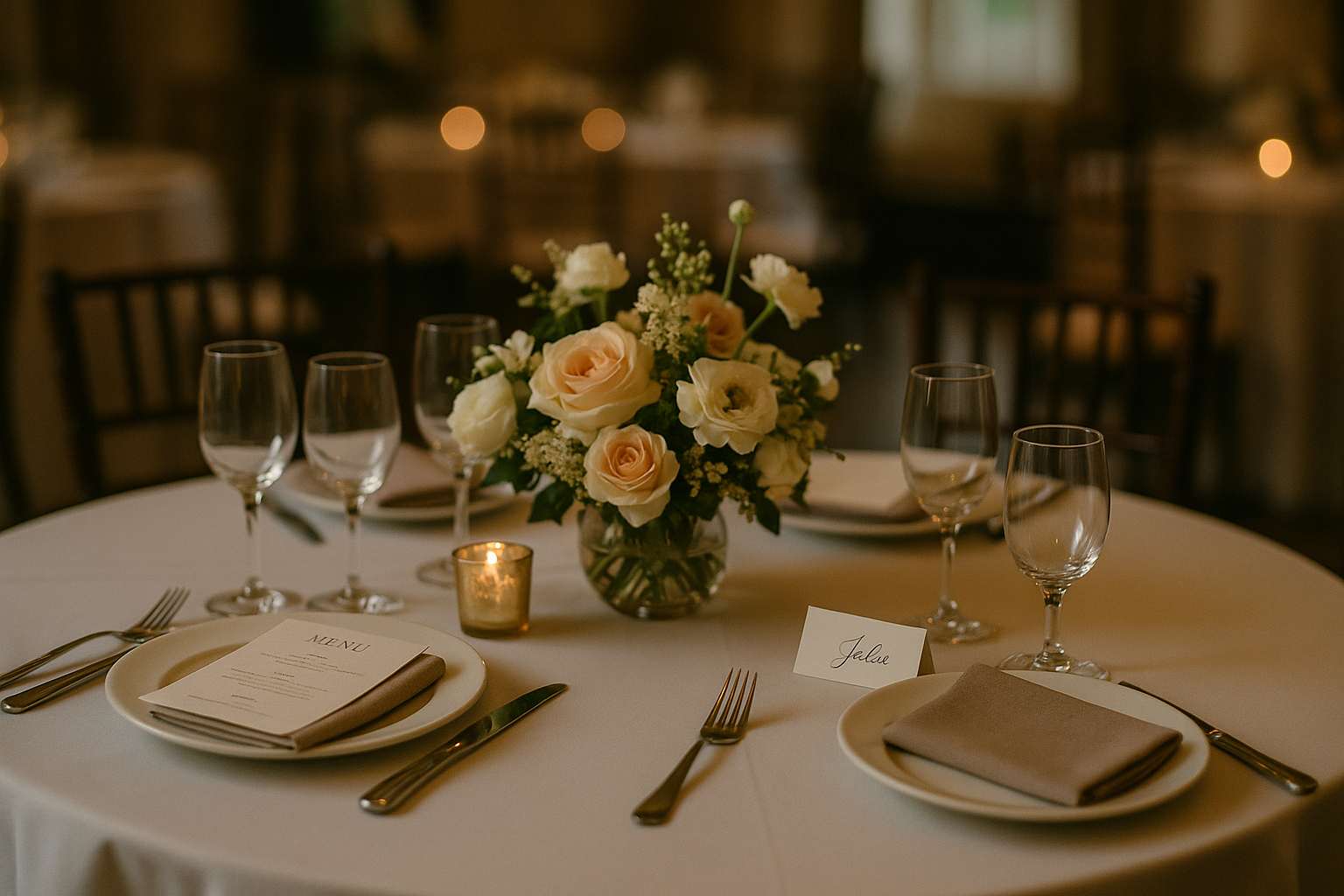 A neatly set wedding reception table for younger guests with small floral centerpiece, colorful napkins and a children's menu card beside an elegant adult place setting