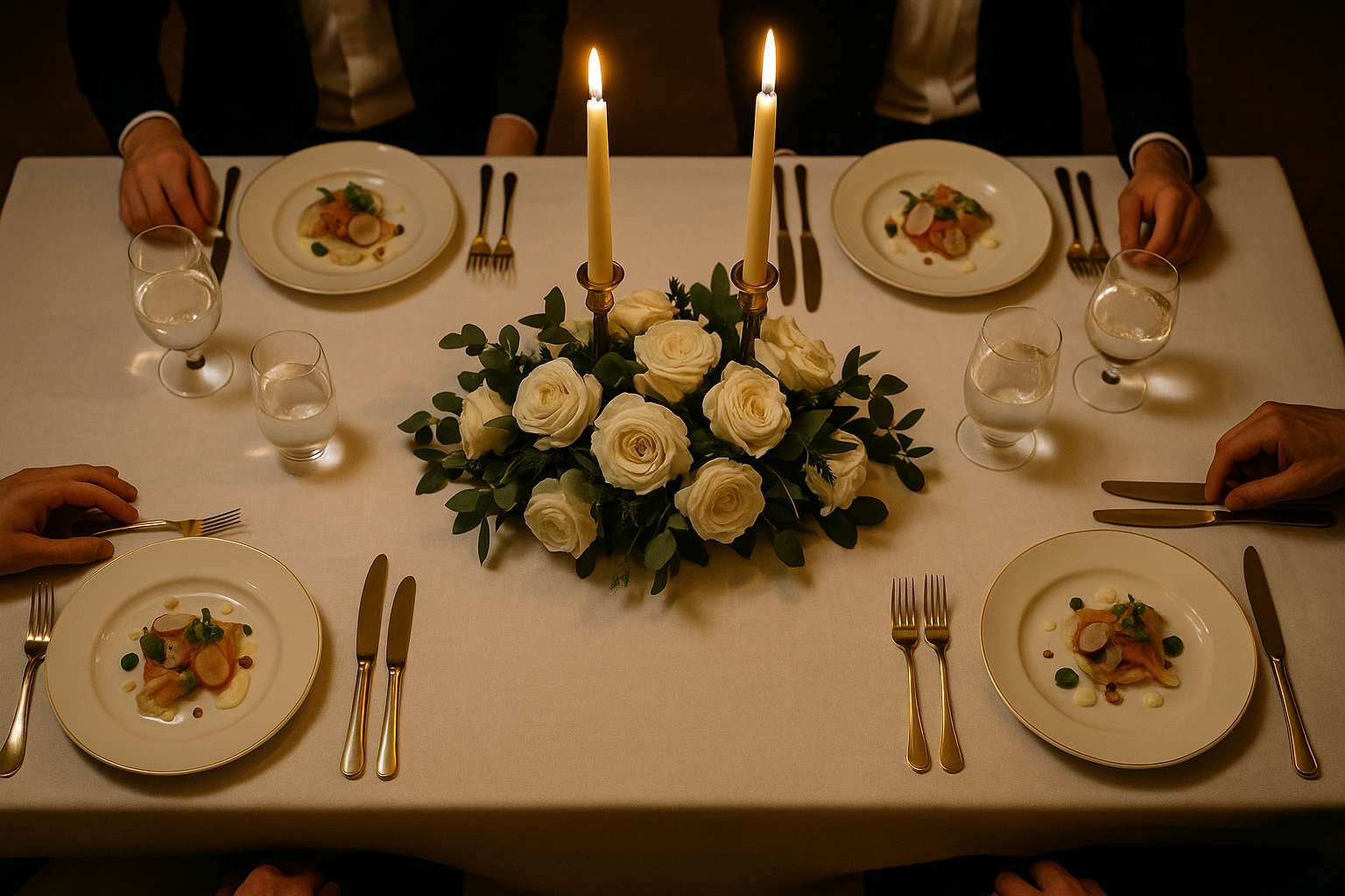 An elegant kosher wedding dinner table set with white linens, gold candlesticks, seasonal flowers, and artfully plated appetizers on fine china