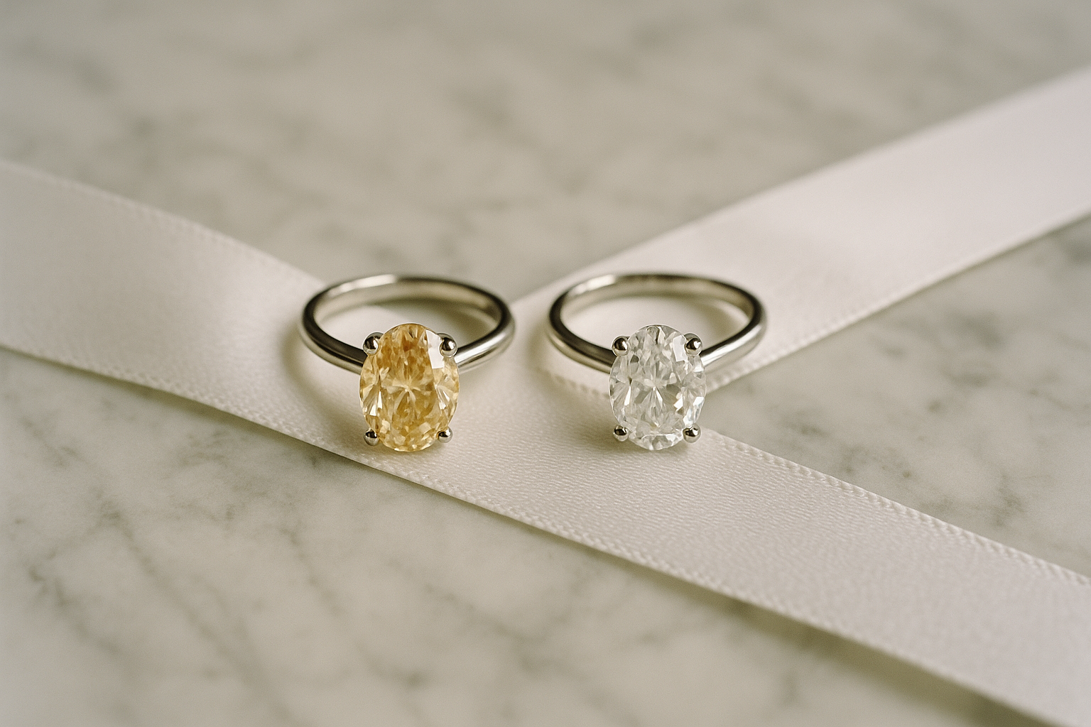 Two oval-cut diamond engagement rings side by side on a white satin surface, one with a warmer slightly deeper color and one with icy brilliance, soft natural daylight from overhead