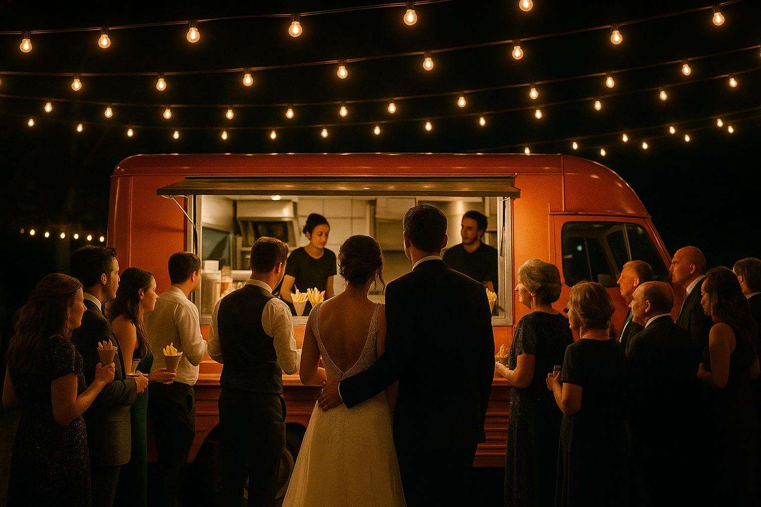 Guests gathered around a warmly lit food truck at a wedding reception at night, with string lights above and bridesmaids laughing with cone-style fries