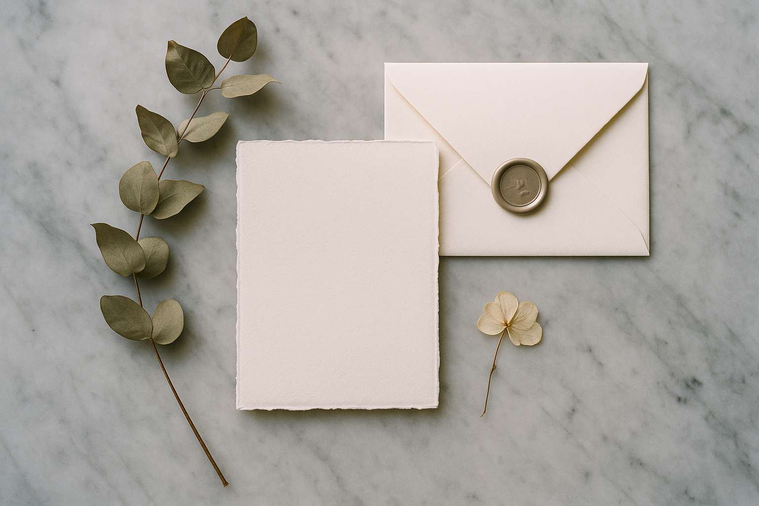 Elegant wedding invitation suite flat-lay with letterpress card, wax seal envelope, ribbon, and dried florals on marble surface