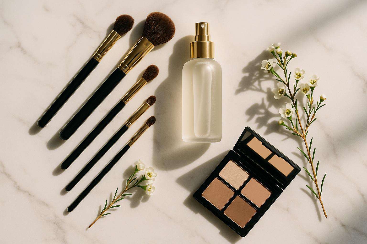 A beautifully lit bridal makeup setup with brushes, a setting spray, and soft floral stems on a white marble surface