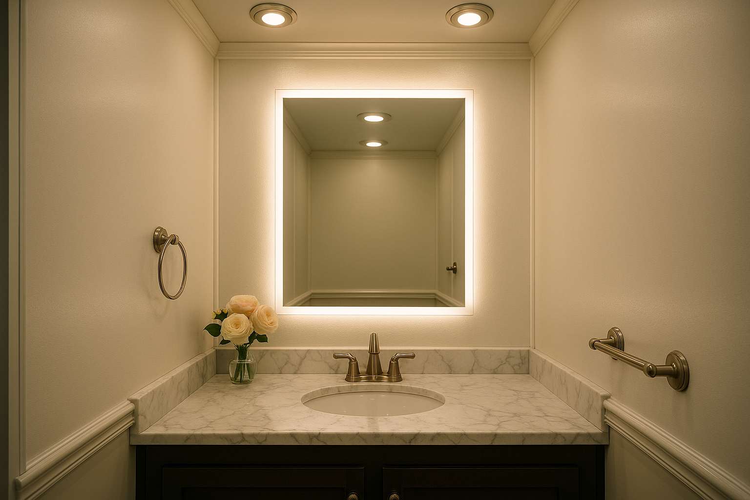 The interior of a luxury restroom trailer with white marble-look vanity, illuminated mirror, fresh flowers in a small vase, and warm ambient lighting