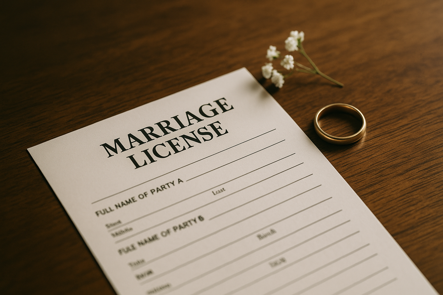 A marriage license document on a wooden desk beside a simple gold wedding band and a small bouquet of white flowers in soft natural light