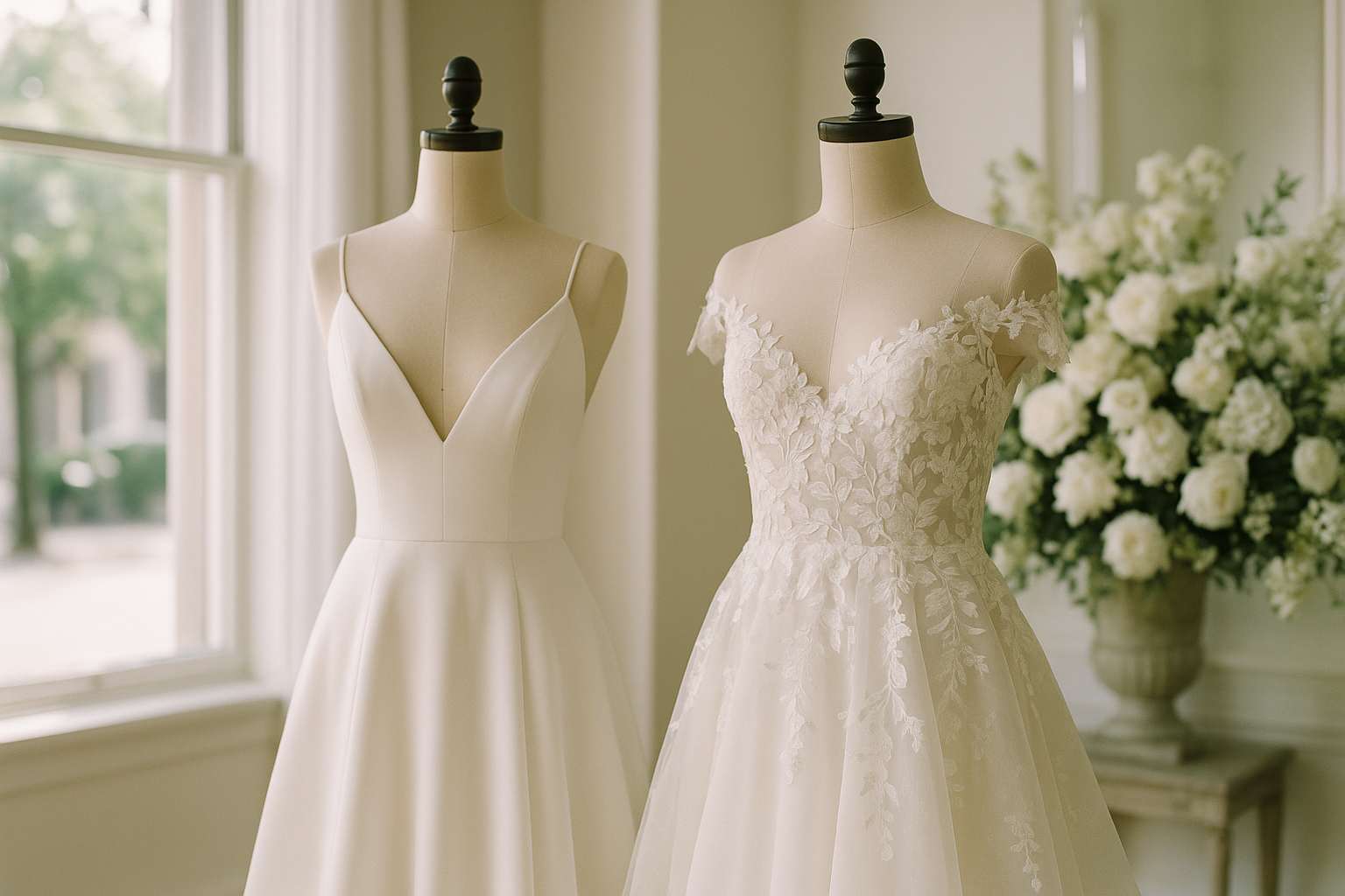 Two bridal gowns displayed on dress forms, one mermaid silhouette and one trumpet, against soft natural light in a bridal boutique