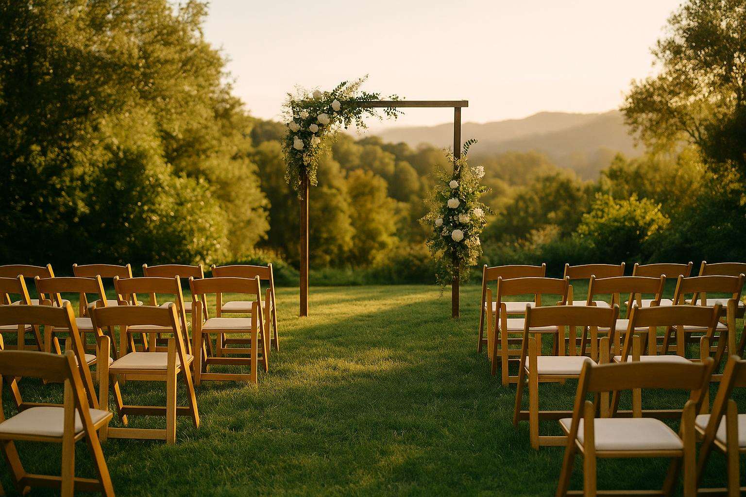 An intimate outdoor micro wedding ceremony set in a lush garden with 20 chairs, a floral arch, and mountain views in the background at golden hour.