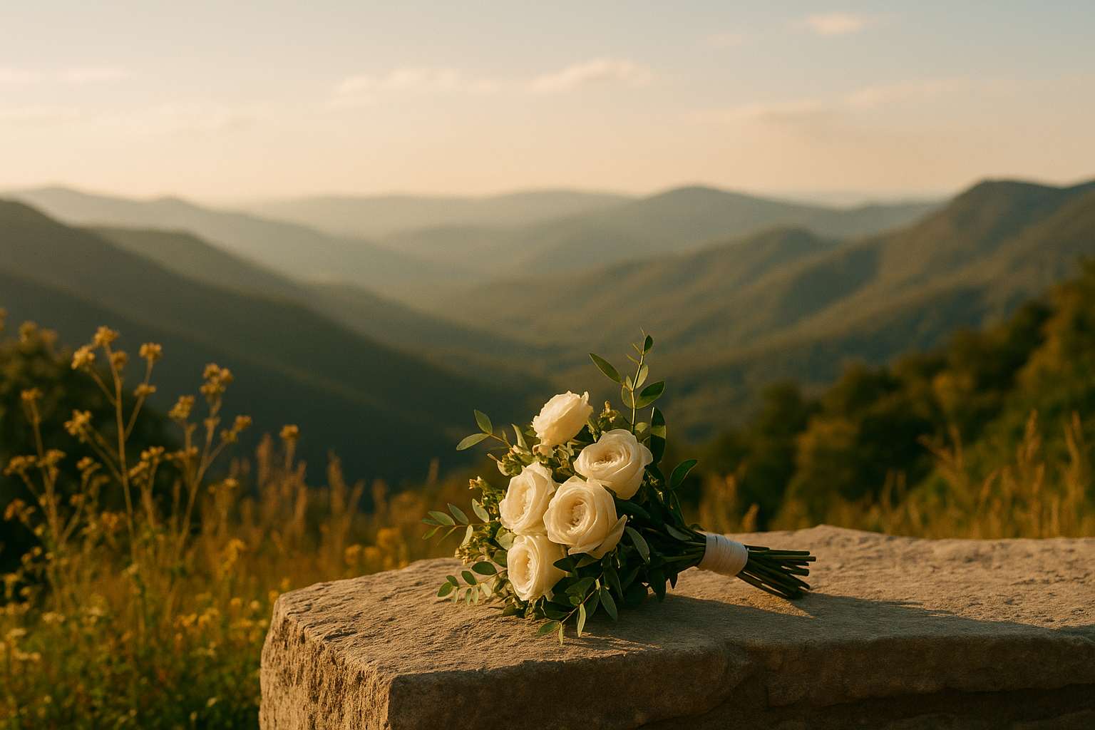 A couple standing on a sunlit mountain overlook with a small bouquet, wearing wedding attire, with a vast open landscape behind them suggesting an intimate elopement ceremony