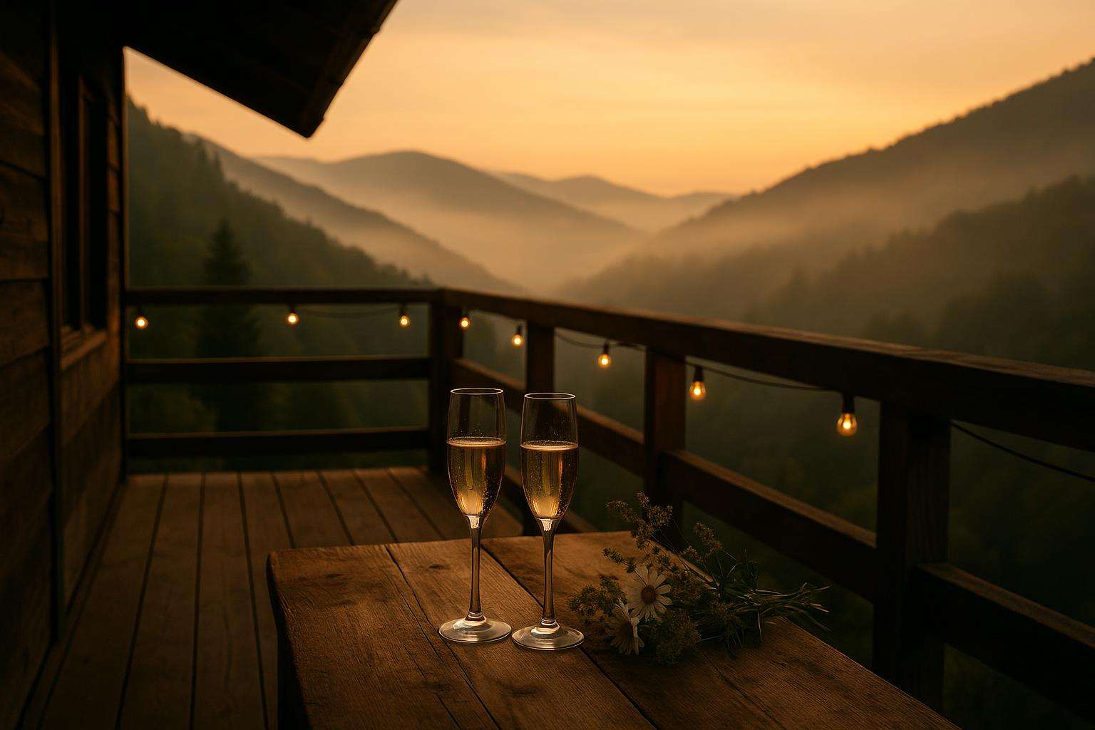 A romantic private cabin deck overlooking misty forested mountains at golden hour, with two champagne flutes and a small floral arrangement on a wooden table, fairy lights strung along the railing