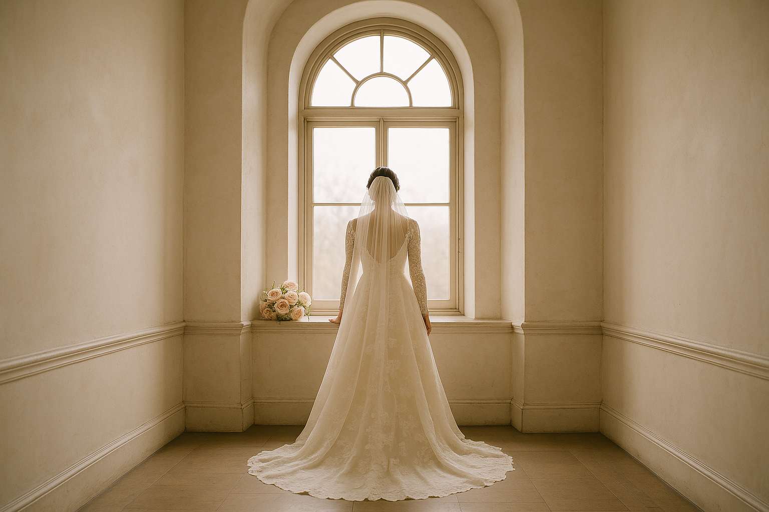 A bride in a long-sleeved ivory lace A-line wedding gown standing near a tall arched window in soft natural light, with a cathedral-length veil and a simple floral arrangement nearby