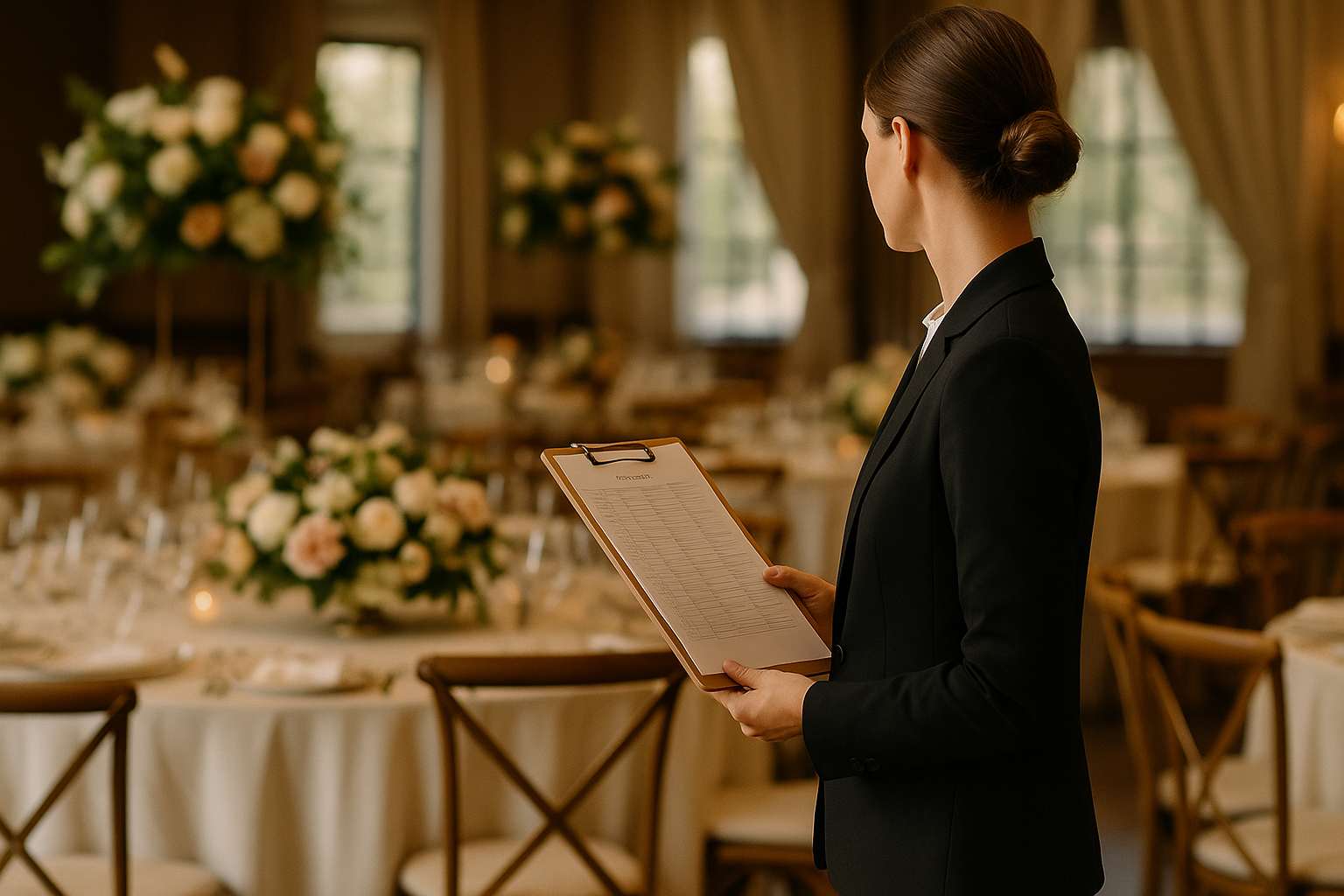 Wedding planner reviewing a timeline on a clipboard in a decorated venue with floral arrangements and table settings in the background