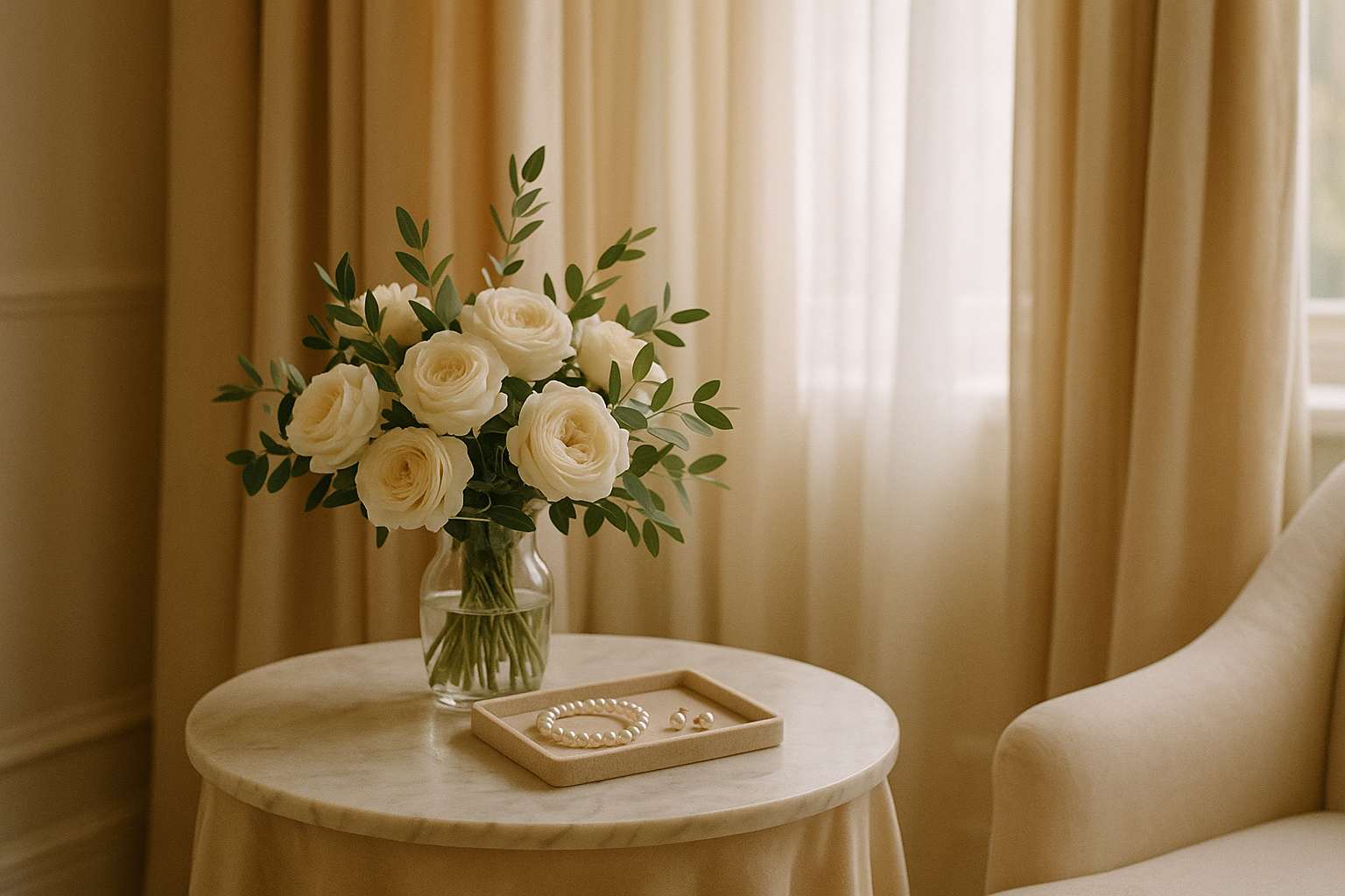 A mother and bride sharing a quiet, joyful moment together in soft morning light beside a window, the bride in her wedding gown surrounded by fresh flowers