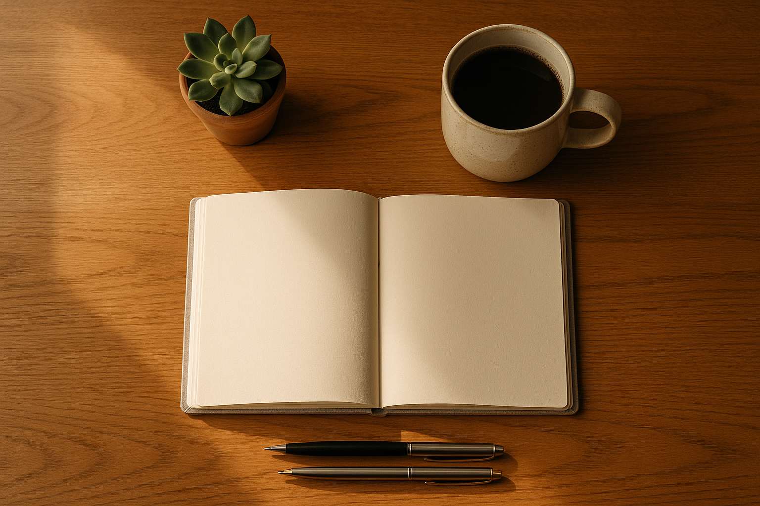 A couple's hands resting on an open notebook beside a coffee mug and a small succulent plant on a light wood table, warm natural morning light