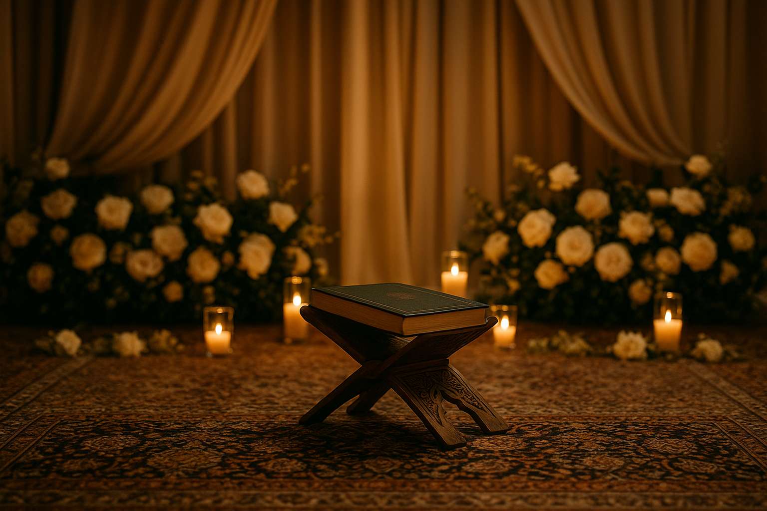 An elegantly arranged Islamic wedding ceremony setting with a floral arrangement in white and gold, a Quran resting on an ornate stand, and soft ambient candlelight in a decorated room