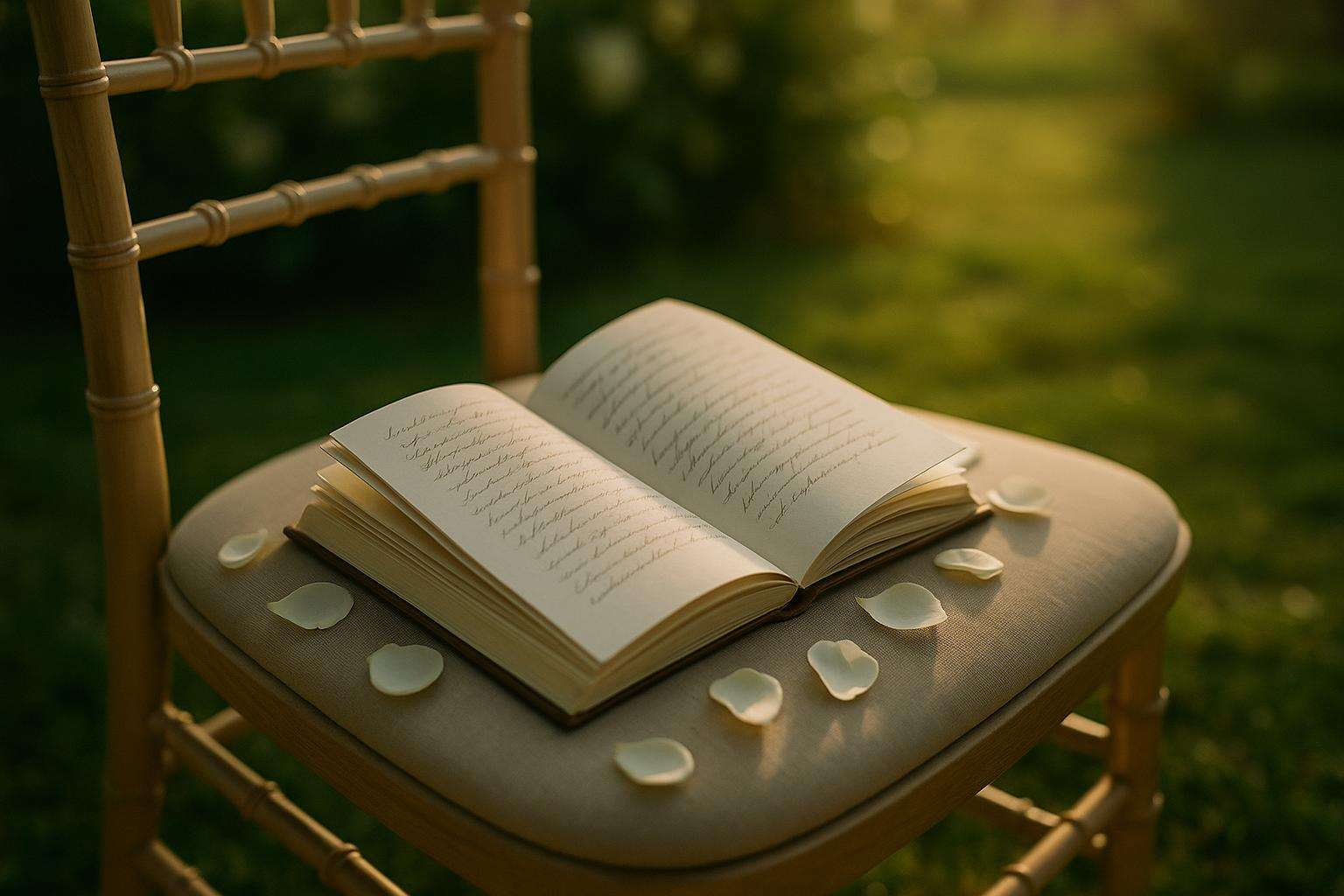 An open book with handwritten poetry resting on a white linen ceremony chair, surrounded by loose petals and soft afternoon light in an outdoor garden setting