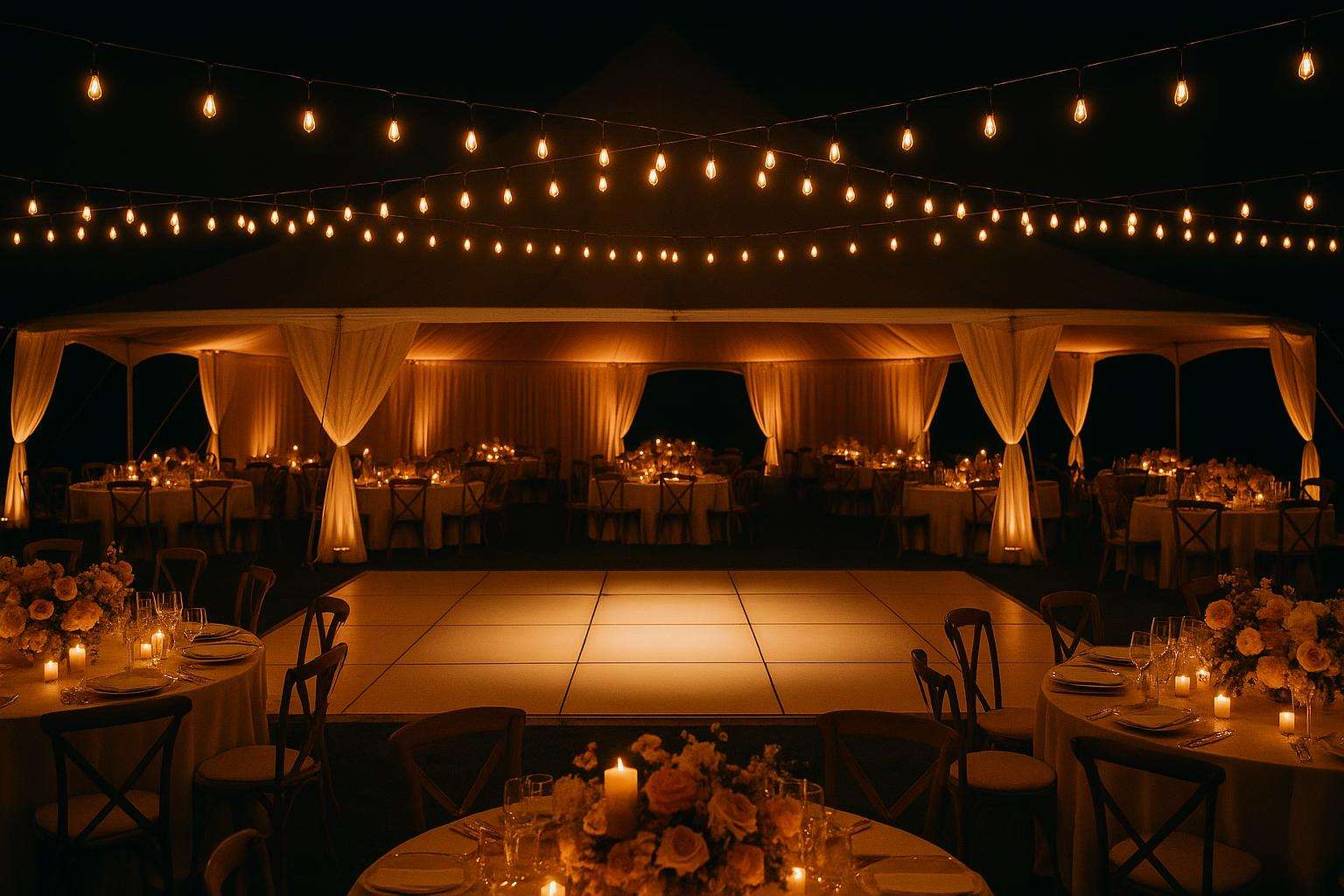 Outdoor tented wedding reception at night with Edison bistro lights overhead, candlelit tables, and warm amber uplighting on draped fabric walls