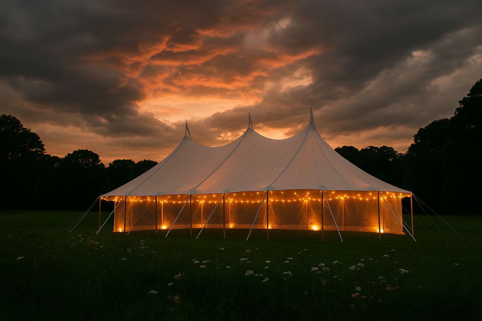 A beautiful white sailcloth tent glowing with warm string lights at dusk, set in a lush green field with wildflowers, just as golden evening light breaks through cloud cover