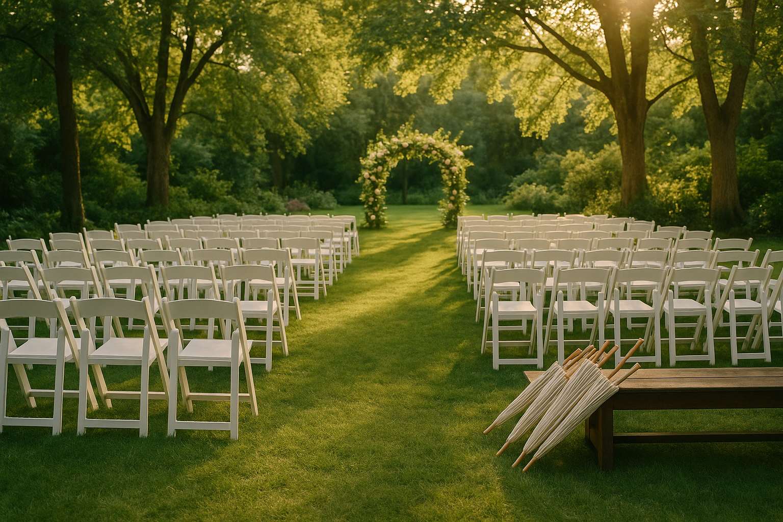 An outdoor wedding ceremony setup with white ceremony chairs, a floral arch, and elegant parasols in dappled shade beneath tall trees