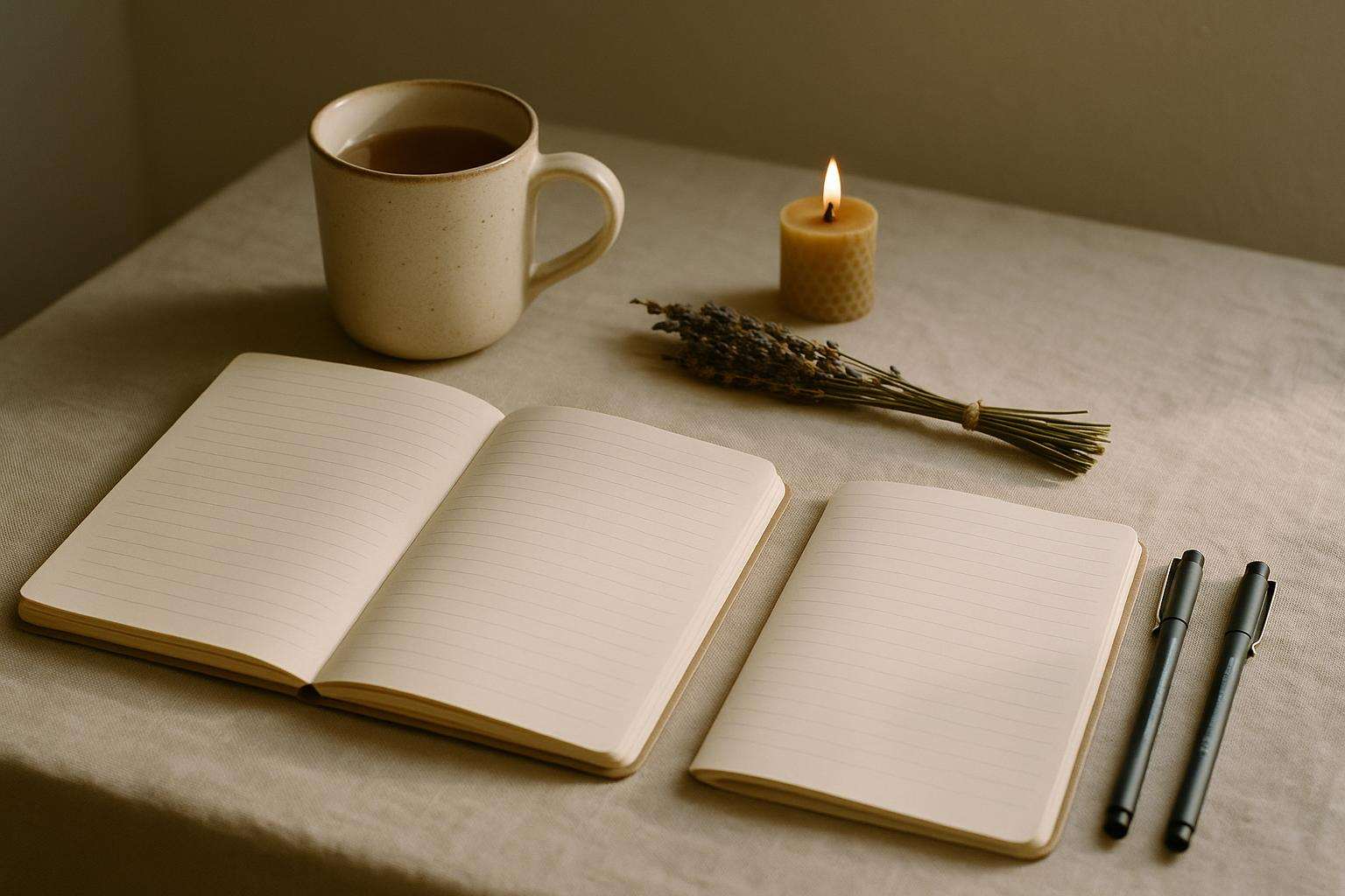 Two open planners and a cup of tea on a linen-covered table, with a candle and a small bunch of dried flowers, evoking a quiet, intentional conversation setting