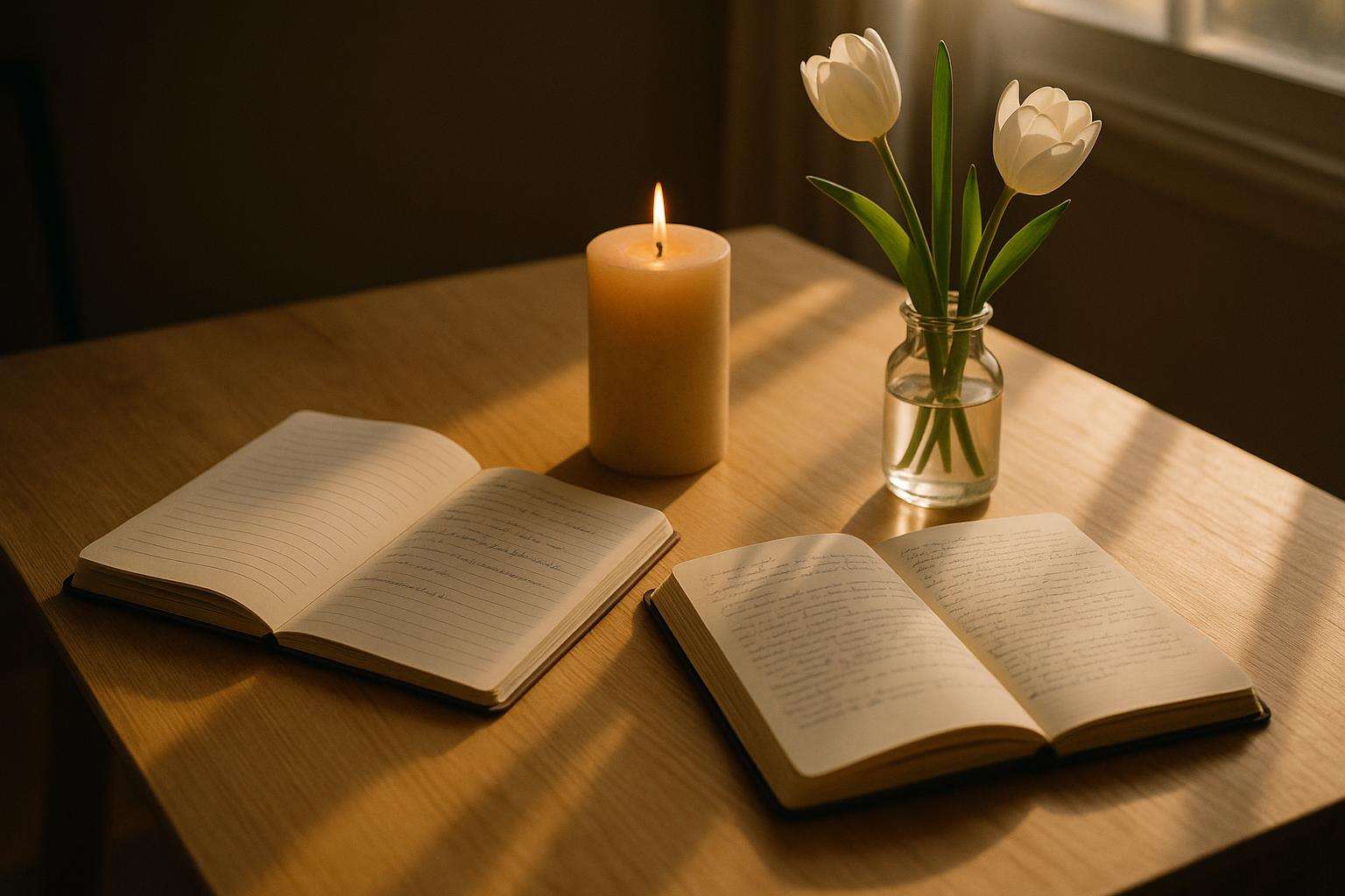 Two people seated across from each other at a light wood table with notebooks, a candle, and a small vase of white tulips between them, warm morning light from a nearby window