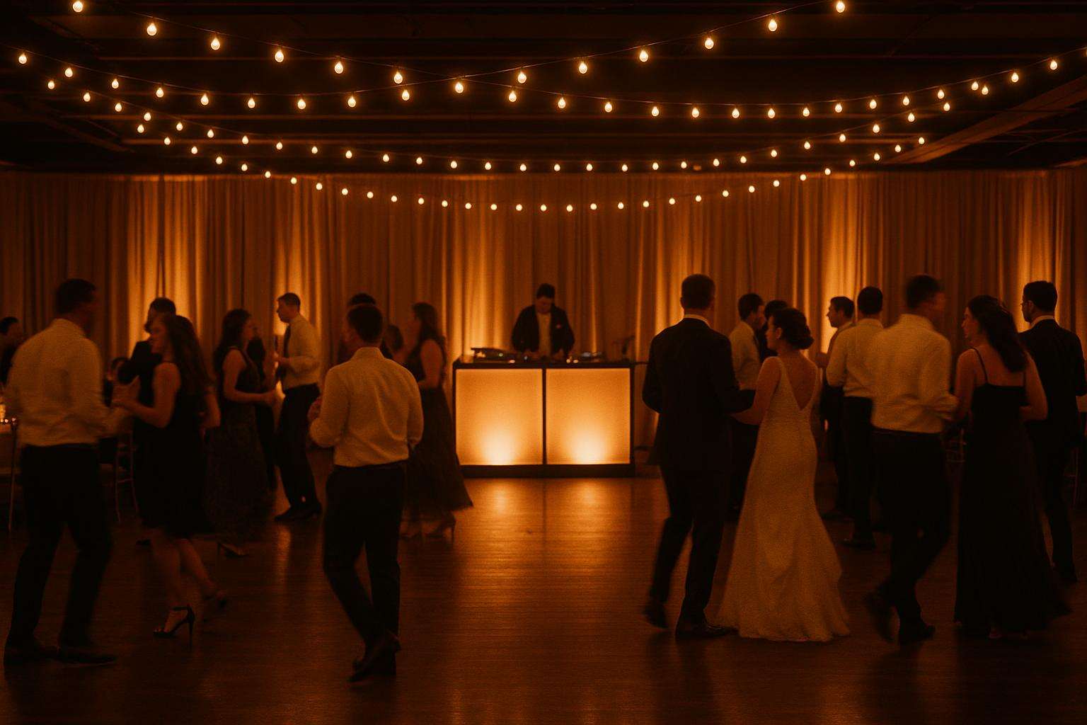 A wedding reception dance floor filled with warm amber light and joyful dancing guests, a DJ booth visible with soft Edison lights in the background.