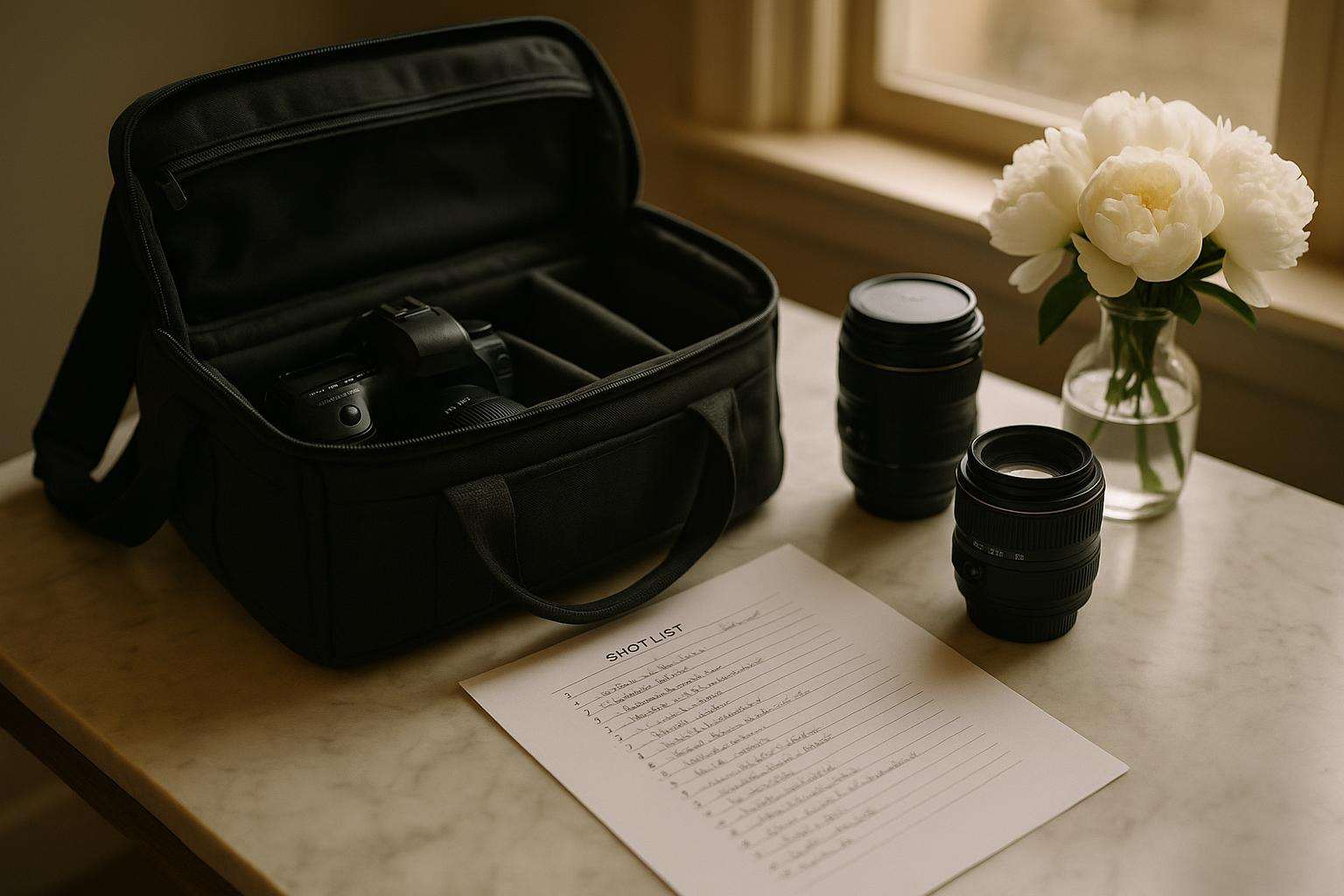 A photographer's camera bag, extra lenses, and a printed shot list arranged on a marble side table beside a vase of white peonies, warm natural light