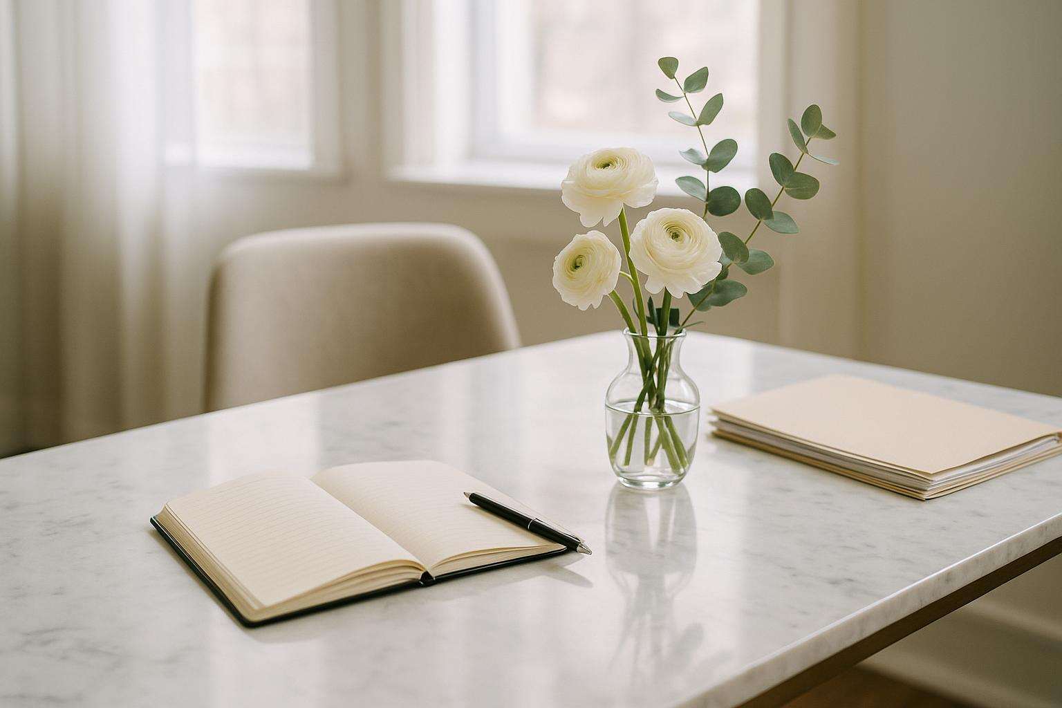 A bride reviewing a contract document at a consultation table with fresh flowers, a laptop, and coffee in a bright airy studio