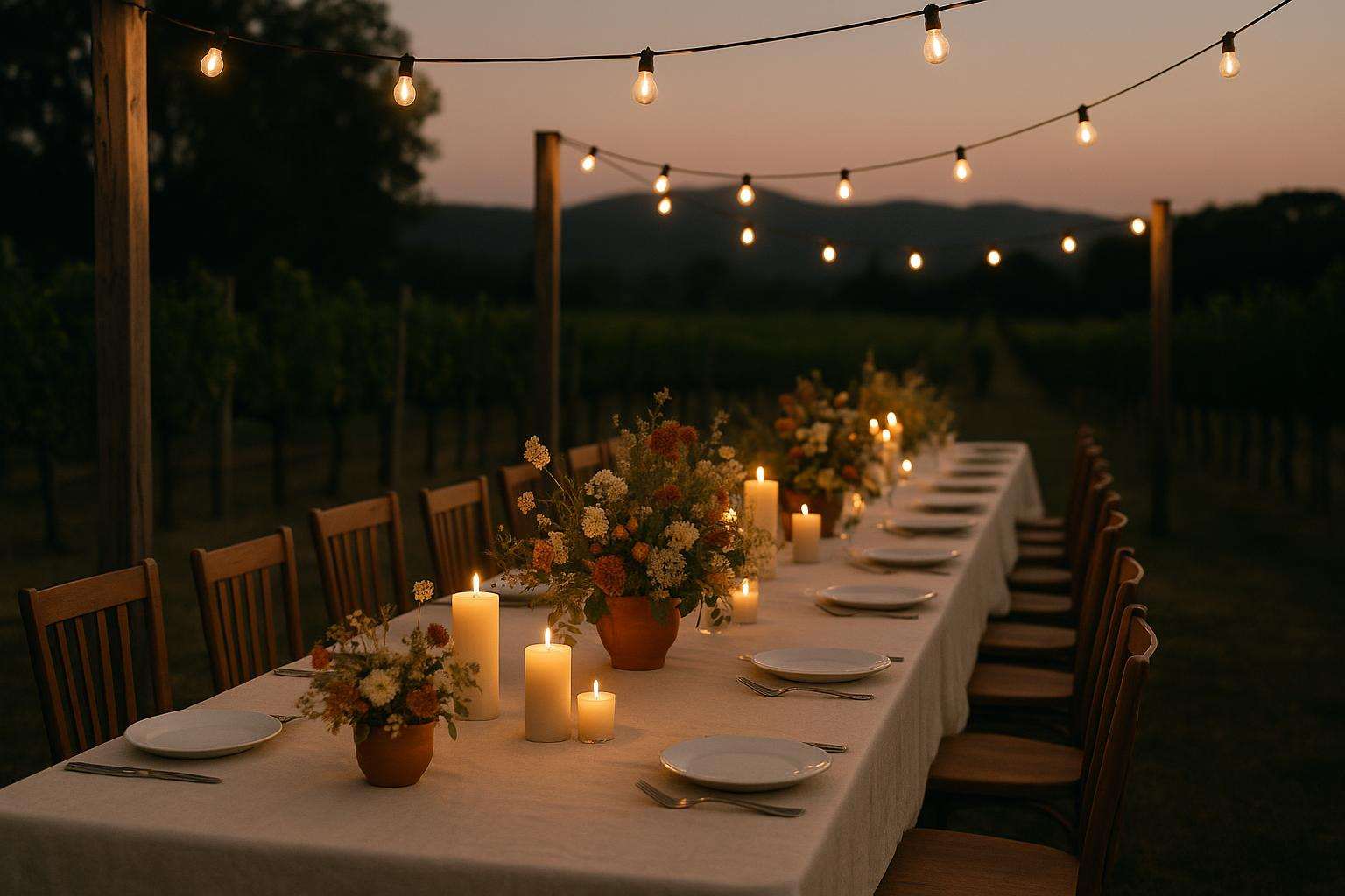 An intimate outdoor rehearsal dinner table set in a vineyard garden at dusk, string lights overhead, candles on the table, no faces visible