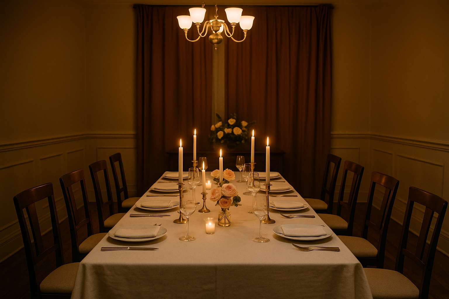 An elegantly set private dining table with white linen, tapered candles in brass holders, and small bud vases of garden roses, lit warmly in a private restaurant dining room the evening before a wedding