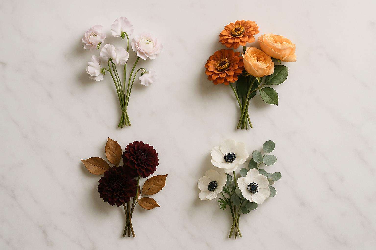 Four small floral arrangements in seasonal color palettes arranged on a white marble surface: soft blush and lilac for spring, terracotta and peach for summer, deep burgundy and copper for fall, midnight navy and champagne for winter