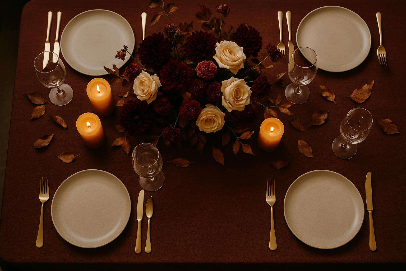 A stunning wedding reception table set with an autumn harvest centerpiece, warm amber candlelight, rich burgundy linens, and artfully plated seasonal dishes visible between floral arrangements